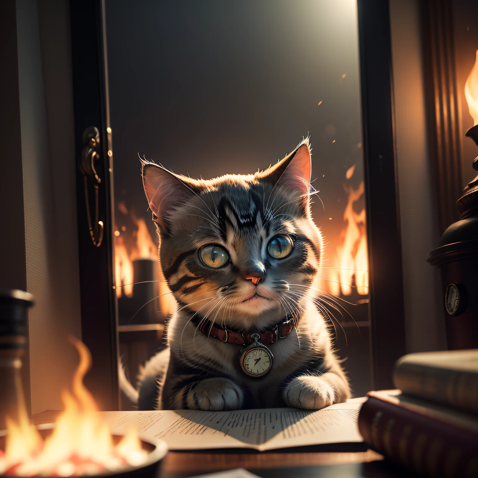 ((masterpiece)), best quality, real, photoshoot, realistic, , perspective, luminescent, bright colors, illusion, atmospheric scene, masterpiece, best quality, (Dot Art in Carne Griffiths style of (a cute cat:1.3) with Pocket Watch of Crystal, Fire Mountain, Abstract, Organic, masterpiece, trending on artstation, Low Contrast), realistic photo,breath taking, sharp lense, professional photographie, 70mm lense, detail love, good quality, unreal engine 5, wallpaper, colerful, art, (hdr:1.5), hyperdetailed, (artstation:1.5), cinematic, warm lights, dramatic light, rich colourful, (background inside dark, moody, private study:1.3) , POV, nikon d850, film stock photograph, kodak portra 400, camera f1.6 lens, rich colors, hyper realistic, lifelike texture, (dramatic lighting), cinestill 800