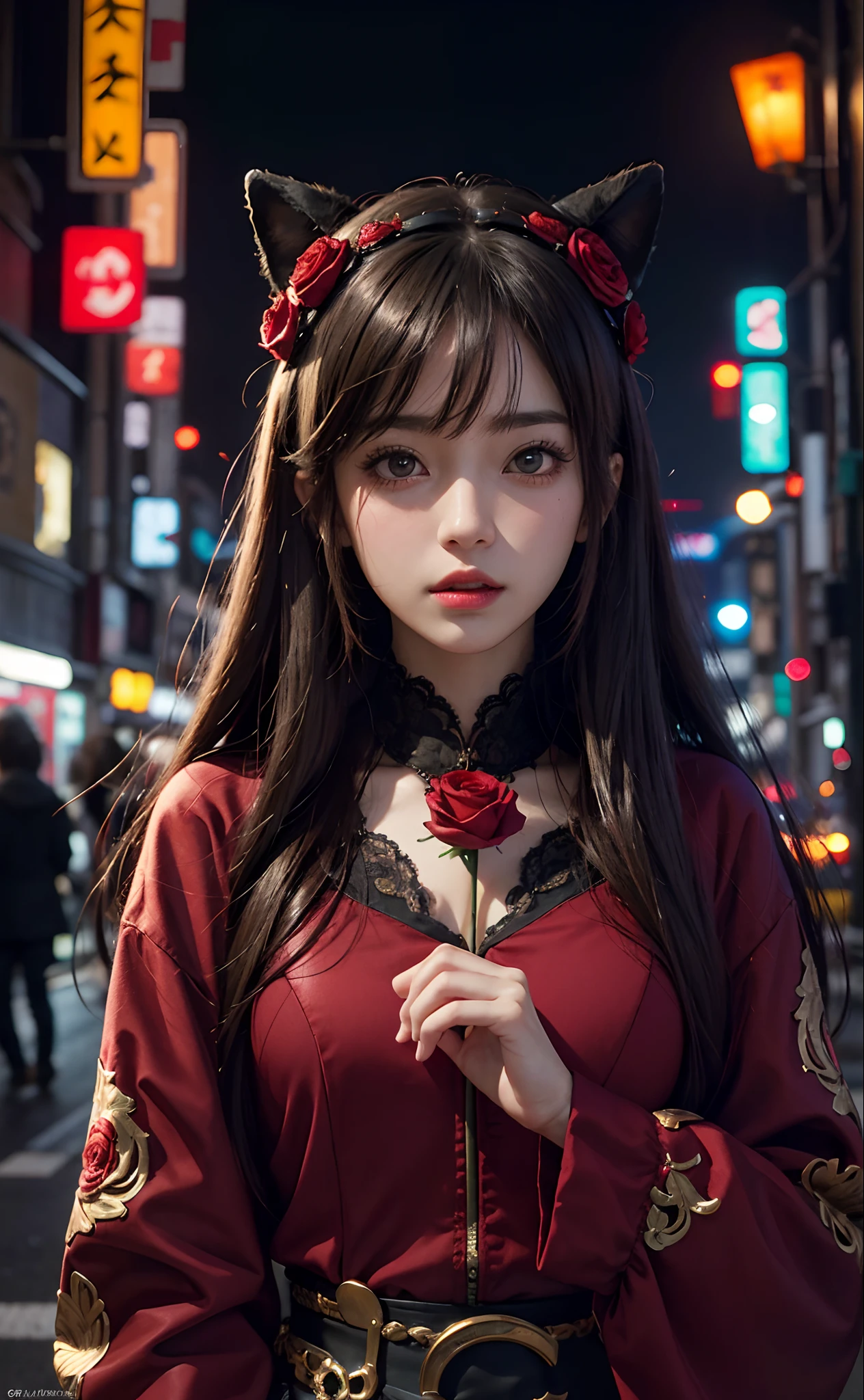 1girl, Tokyo street,night, cityscape,city lights, upper body,close-up, 8k, RAW photo, best quality, masterpiece,realistic, photo-realistic,headgear of red rose, parted bangs, long hair,