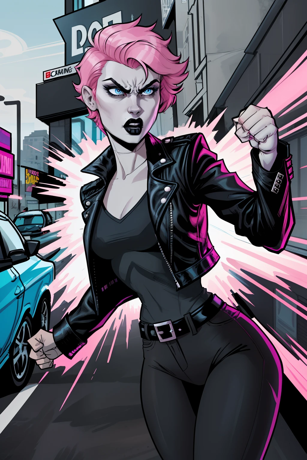 woman, punching the veiwer, day time, street, pale blue eyes, detailed short pink hair Short Side Comb haircut, angry expression, black lipstick, small tits, wearing a leather jacket, black shirt, black pants, comic book style, flat shaded, prominent comic book outline linework