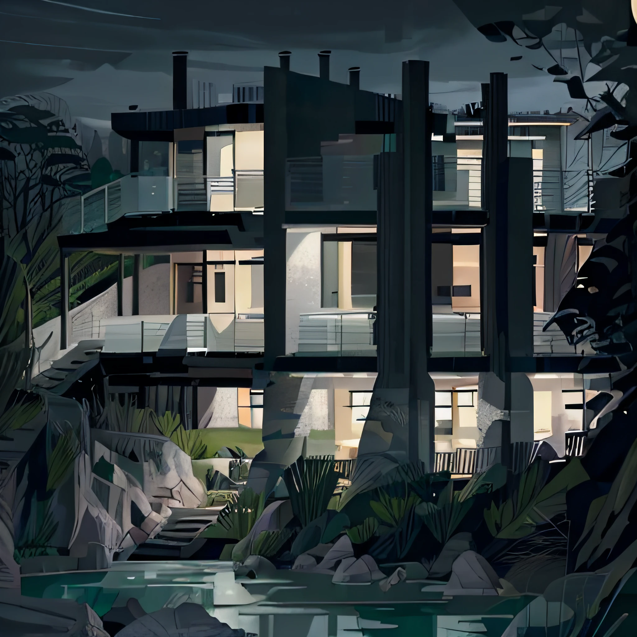 a painting of a house with a walkway beside of a river,Ultra hd! surrealistic, 8k, ((((balconies)))), dark night,