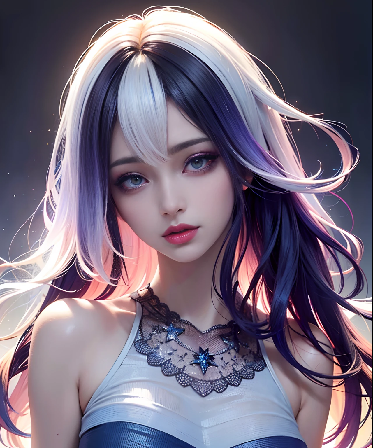 masterpiece, best quality, 8k, beautiful face, high detailed skin,hyper detailed,ultra high res, photorealistic, high resolution, ,lens flare, (Ombre hair:1.8),(same makeup for both eyes:1.5),perfect face,ralistic eyes, detailed lighting, detailed eyes,detailed skin, detailed shadows,ralistic skin,(opened mouth:1.02), (closed eyes:0.9),no make-up,,looking_at_viewer,upper body