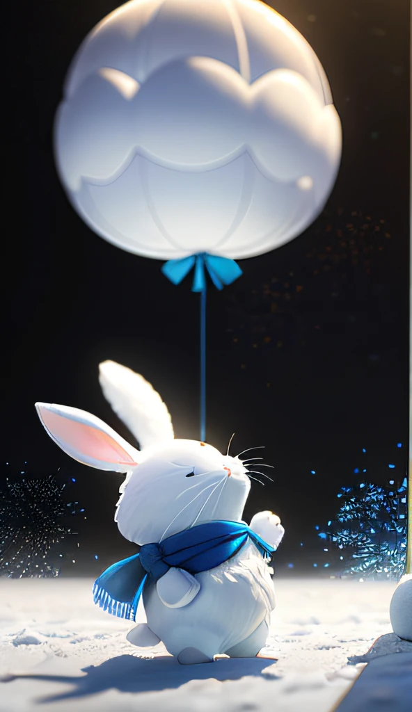 tmasterpiece，Best quality at best，（非常详细的 CG 统一 8k 壁纸），（Best quality at best），（The best illustrations），（The best shadow），White rabbit with blue scarf，Lying on a giant mooncake，There are a lot of gift boxes on the ground，white fluff，Blue scarf，Solid black background，（Particle effect）and other 3D， Octane rendering，Ray traching，Super meticulous