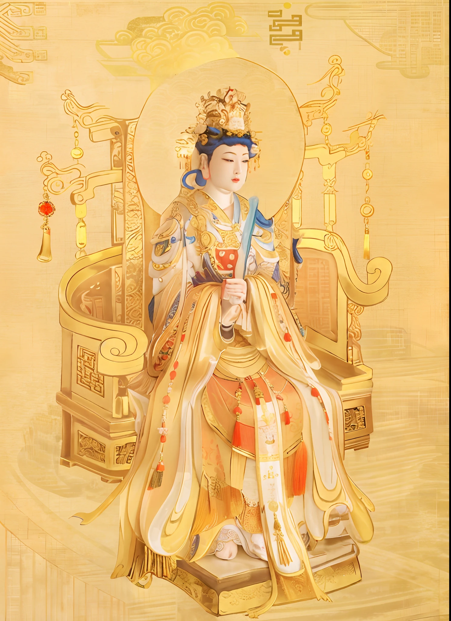 Queen Mother of the West, queen mother，Queen Mother of the West， Middle-aged woman，big breasts beautiful，Gorgeous and colorful costumes，3D rendering，Golden ornaments on the head，Not far away, Chinese palaces scattered in a sea of clouds， Cloud in the foreground, Clear fingers, Clear and distinctive toes, Clear and vivid facial features,jewelry, leafs, the lilies, Lily_pads, necklace, Phoenix crown，Gorgeous phoenix robe，Chinese palaces, paths, lotuses， Sharp focus, sun's rays, Sparkling ripples, Wind ripples, hyper-high detail, Realphotos, Intricate details, Perfectcomposition, beautiful detailed intricate, 8 K photography, Photorealistic, Masterpiece, photo-realistic, Image Enhancement,Image post-processing,Image retouching，an ancient Chinese goddess, Princesa chinesa antiga, ancient china art style, ancient chinese beauti, chinese empress, Inspired by Qiu Ying, Traditional Chinese art, a beautiful fantasy empress, guanyin of the southern seas, Inspired by Lan Ying, Chinese traditional, Wearing ancient Chinese clothes, Chinese mythology, Traditional Chinese clothing，