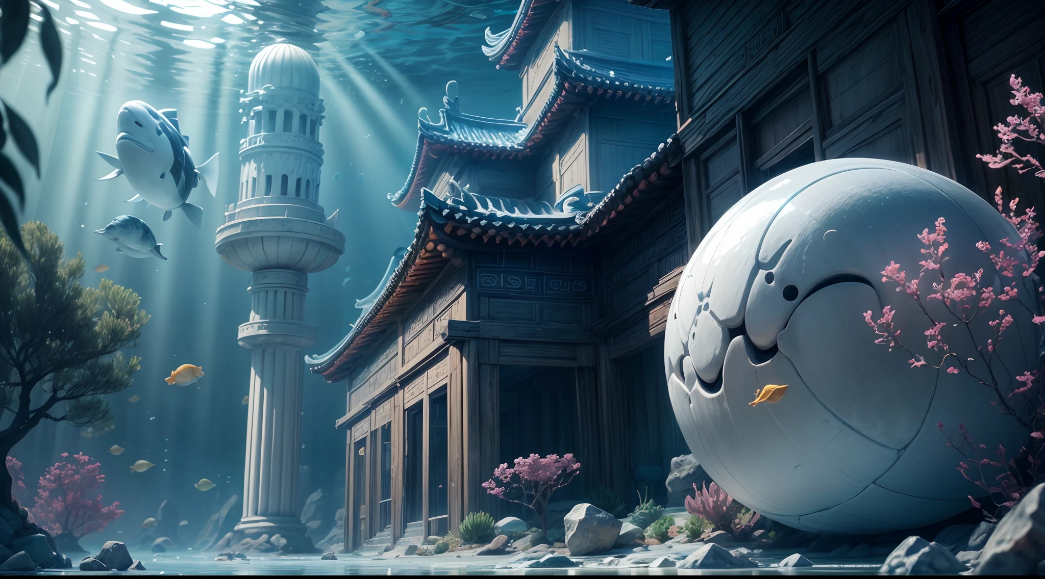 Ancient Korean palaces, White Jade Palace under the sea, under water, foam, current, (Illustration: 1.0), Epic composition, Natural light, HD detail, Masterpiece, Best Quality, (Very detailed CG unity 8k wallpapers)