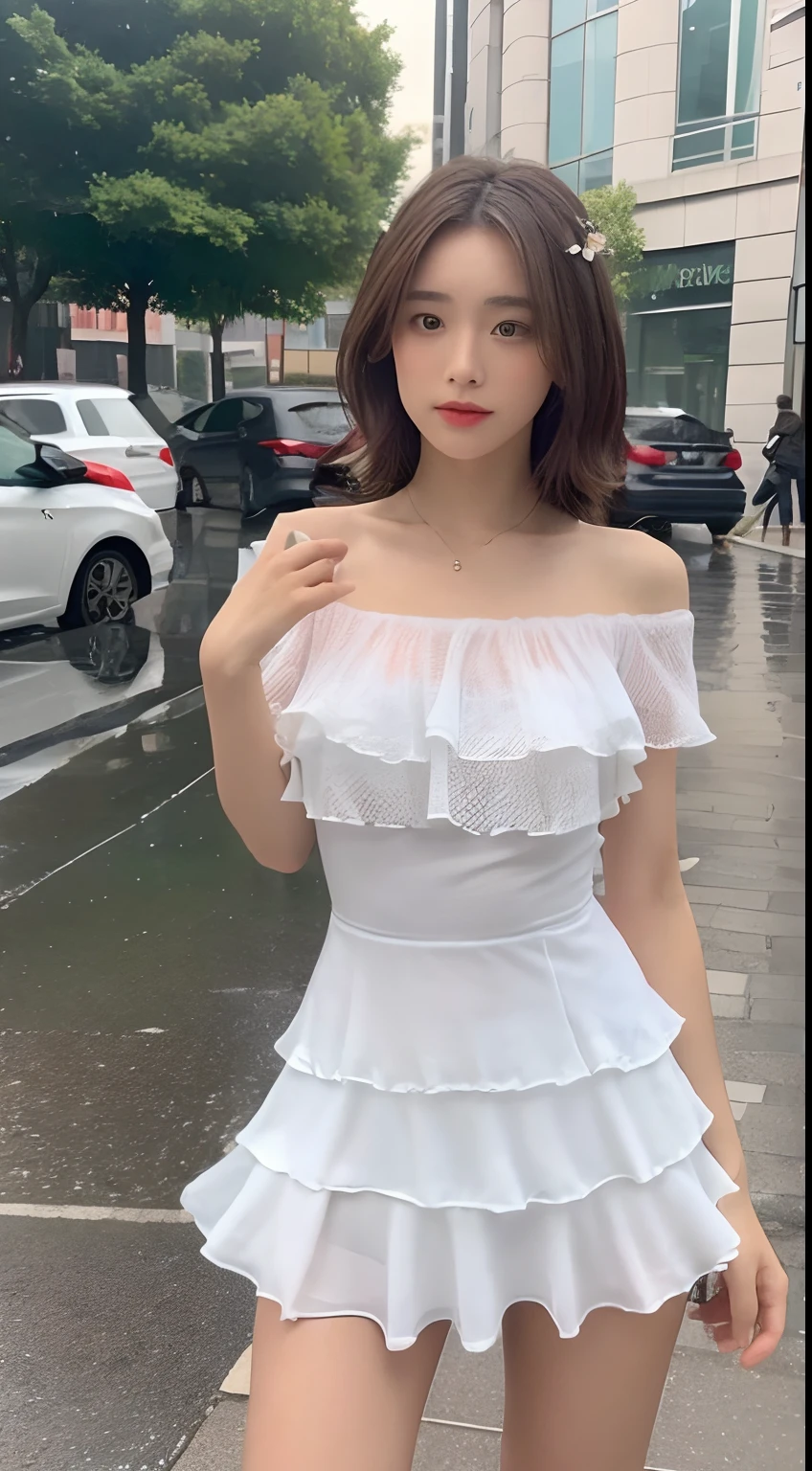 ((best qualtiy, 8k, tmasterpiece:1.3)), Focus:1.2, perfect figure beautiful woman:1.4, Cocked buttocks:1.2, ((Cut hair in layers, Beautiful breasts:1.2)),(Rain, Street:1.3), Bandeau Dress:1.1, Highly detailed facial and skin texture, A detailed eye, 二重まぶた,Whiten skin,long whitr hair