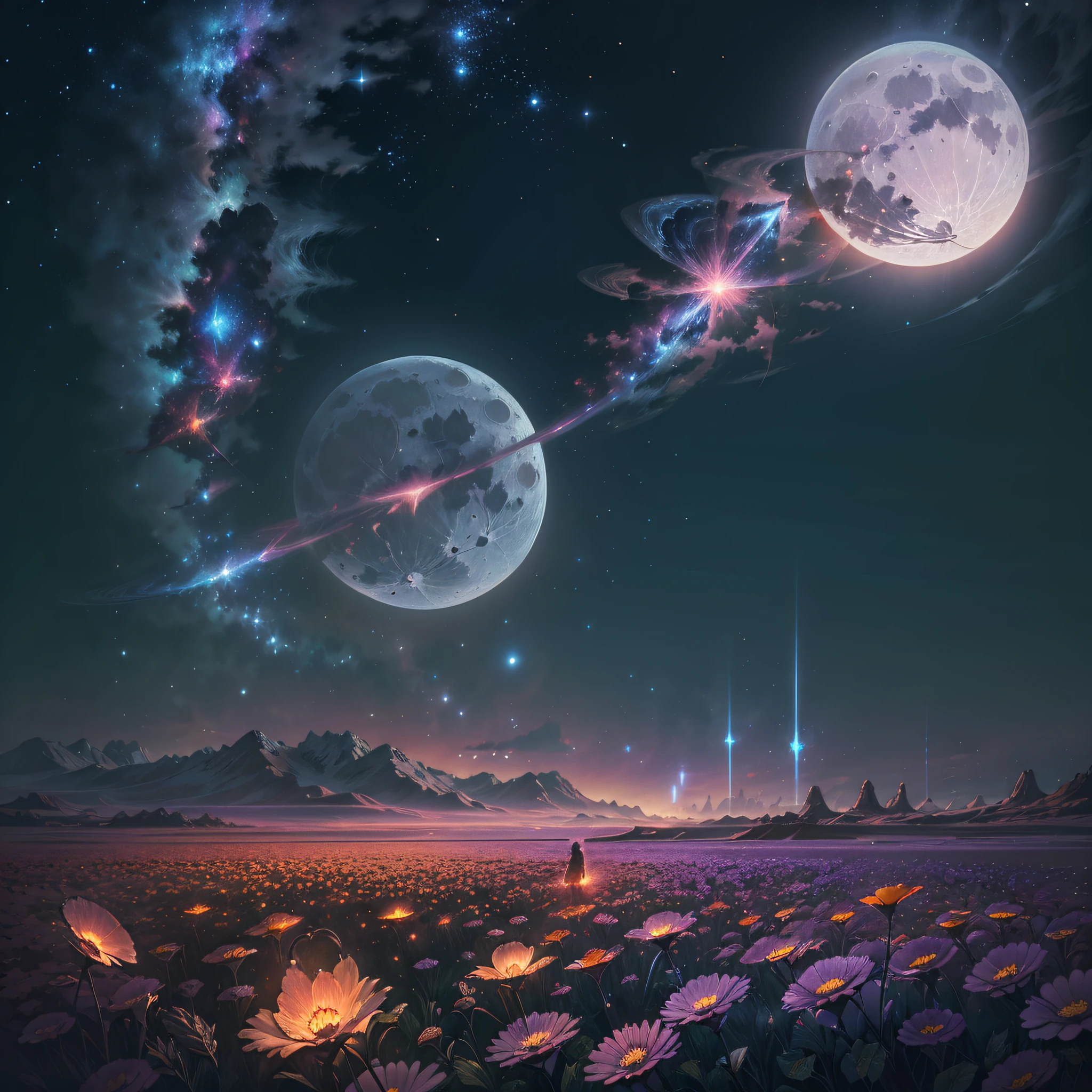 expansive landscape photograph , (a view from below that shows sky above and open field below), a girl standing on flower field looking up, (full moon:1.2), ( shooting stars:0.9), (nebula:1.3), distant mountain, tree BREAK production art, (warm light source:1.2), (Firefly:1.2), lamp, lot of purple and orange, intricate details, volumetric lighting, realism BREAK (masterpiece:1.2), (best quality), 4k, ultra-detailed, (dynamic composition:1.4), highly detailed, colorful details,( iridescent colors:1.2), (glowing lighting, atmospheric lighting), dreamy, magical, (solo:1.2)