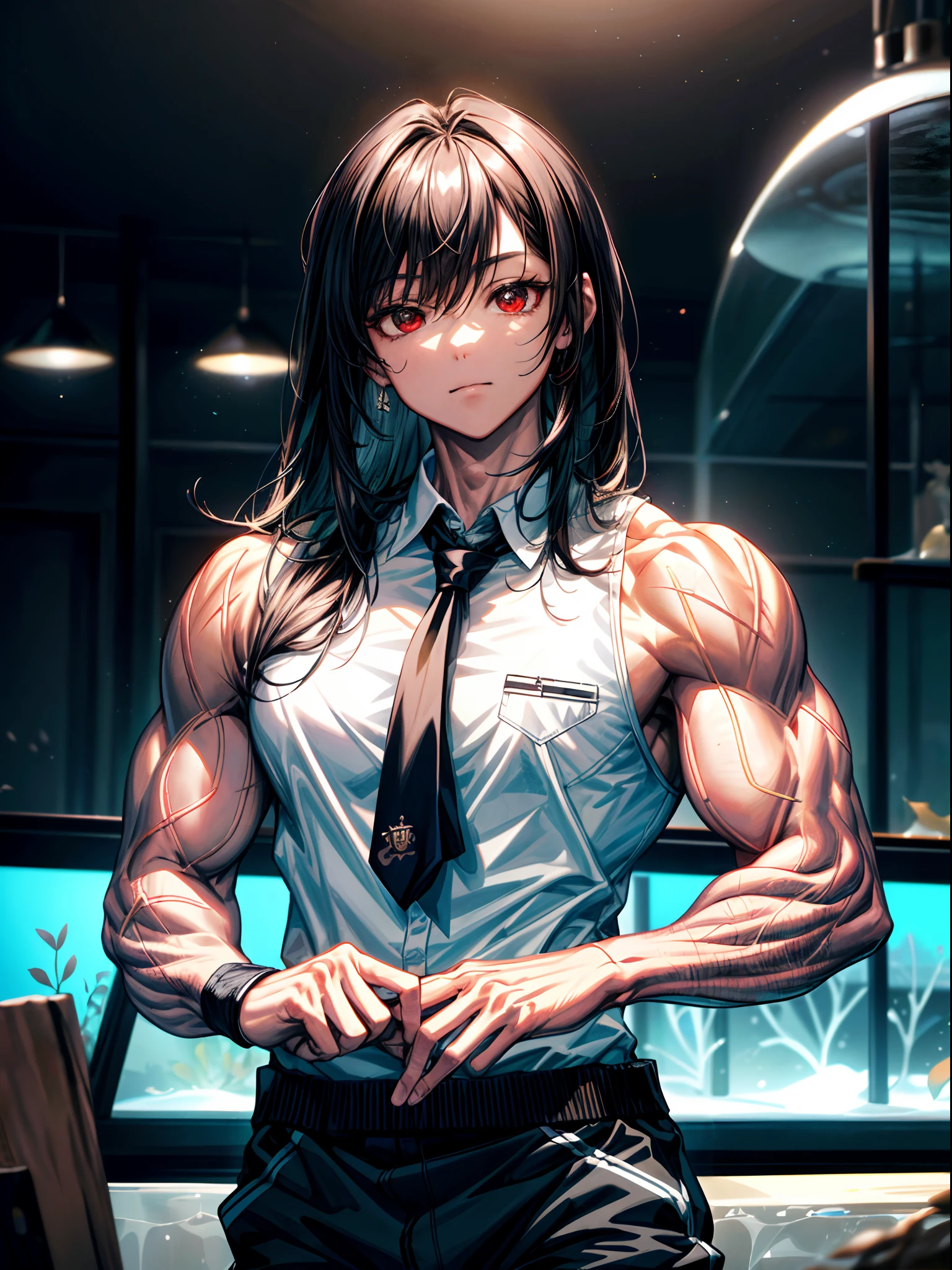 (best lighting) , (super-complex details) , 4K unified, (super-detailed CG: 1.2) , (8K: 1.2),(original), (masterpiece) , (best quality),(Masterpiece:1.4),Anime-ish high quality,(masterpiece),masterpiece, best quality, absurdres,((Masterpeace, 4k, 8k, highres)),(masterpiece), (best quality), (ultra-detailed), (an extremely delicate and beautiful), ((cowboy shot)), 1 woman, Yoru, beautiful face, detailed face, red eyes, scar on the cheek, long hair, black hair, school uniform, white shirt, black tie, dynamic pose, looking at viewer, on a aquarium, fish tank behind her, algae, marine life, blurred bottom, female focus, depth of field, full HD, high definition, high resolution
, ((body builder:1.5)),temple background,(beautiful bace),(girl),(female),(((upper body:1))),from front