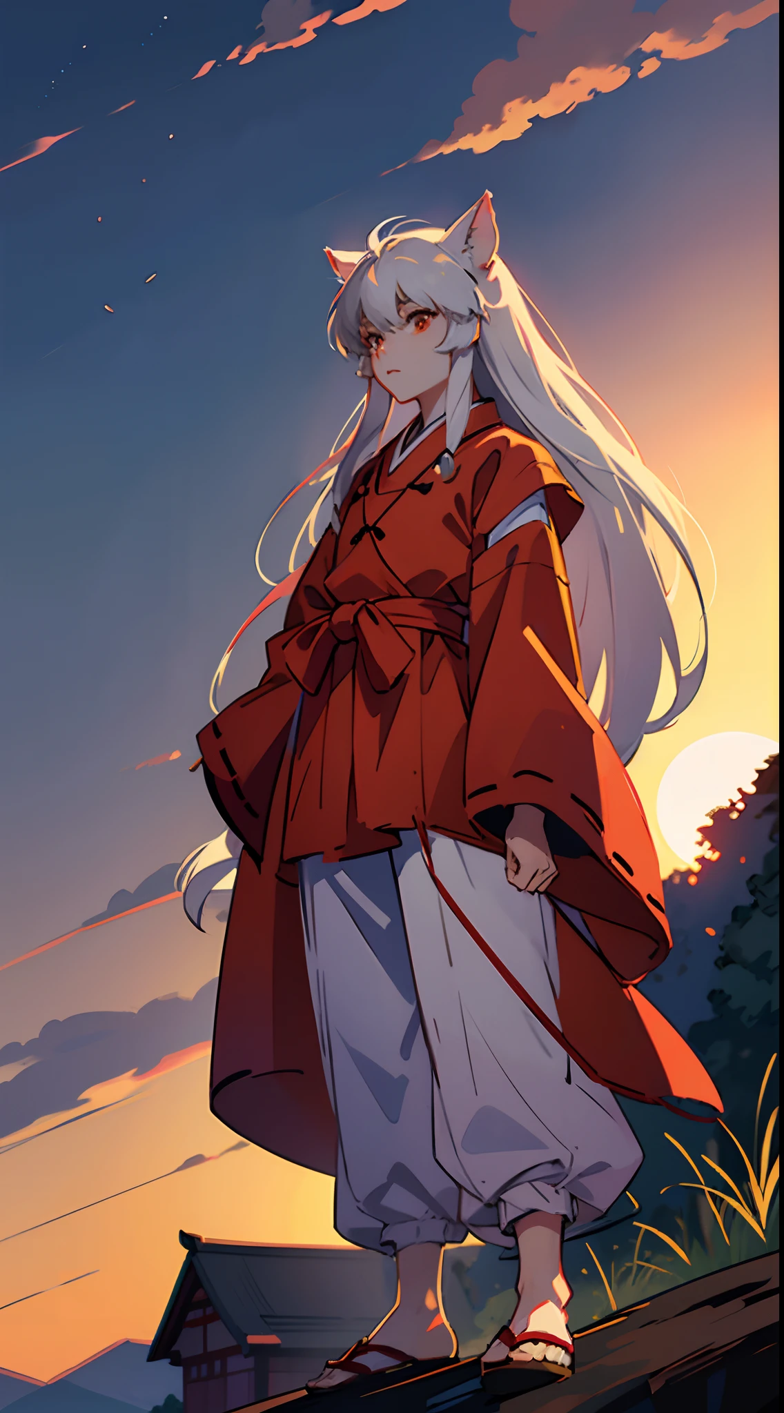 (of a guy),inuyasha,((The upper part of the body,head turned to the side)),The background is the village,Sunset,standing on your feet,