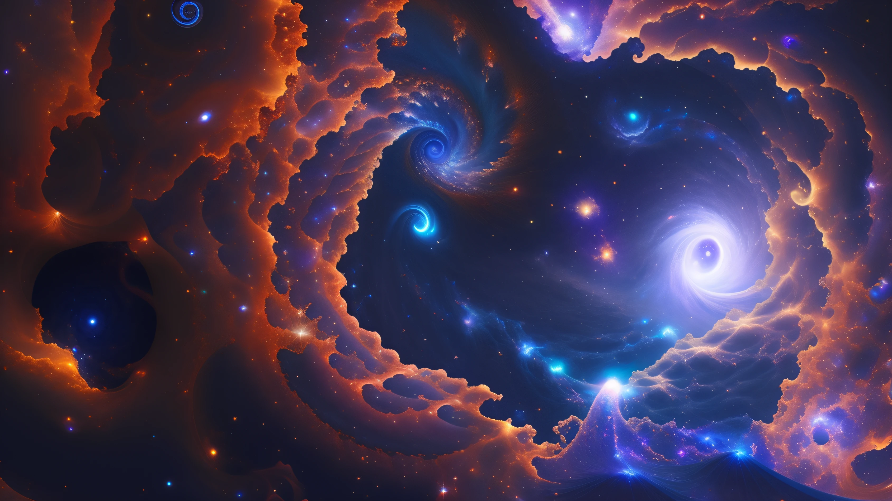 Arafard image of a blue and orange spiral with bright light, Starcloud. voluminetric lighting, mythical gigantic space cavern, subterranean galaxy, Abstract black holes in space, portal to outer space, subterranean sprawling galaxy, cosmic void background, outer space nebula background, space fractal gradient, Inside a black hole，k hd，A detailed，Pubic area is clear，outerspace，kosmos，Metaverse，sci-fy，