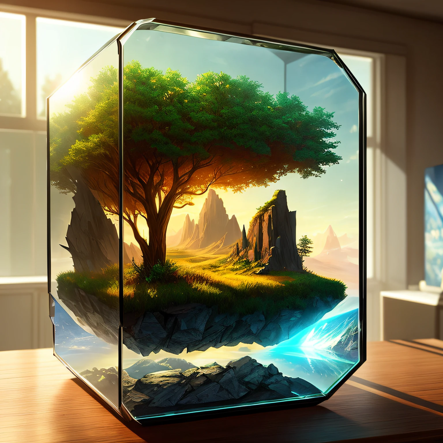 cinematic universe inside of a glass cube, sharp focus, concept art, very detailed, very realistic, trending on artstation, in the style of ALBERT BIERSTADT