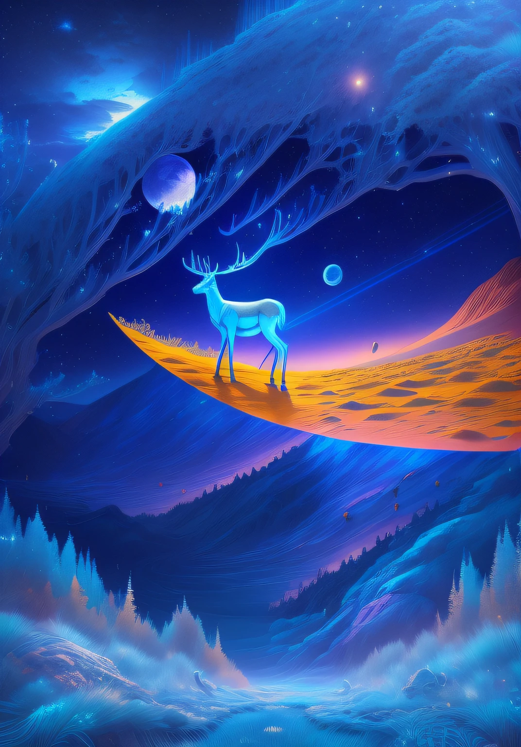 A deer stands on a moon-like surface，blue-sky, Beautiful art UHD 4 K, detailed fantasy digital art, 4k highly detailed digital art, jen bartel, digital art fantasy, fantasy digital art, digital art fantasy art, amazing wallpapers, whimsical fantasy landscape art, 4K detailed digital art, Beautiful digital artwork