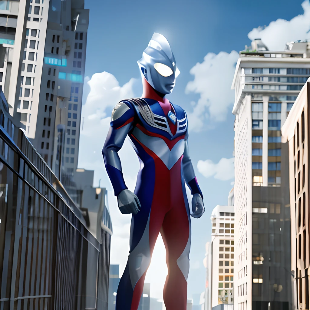 Masterpiece, best quality, 1boy, alien, male focus, solo, 1boy, tokusatsu, full body, (giant), railing, glowing eyes, glowing from below, white eyes, city, architecture, damaged buildings, tilt shift, ruins