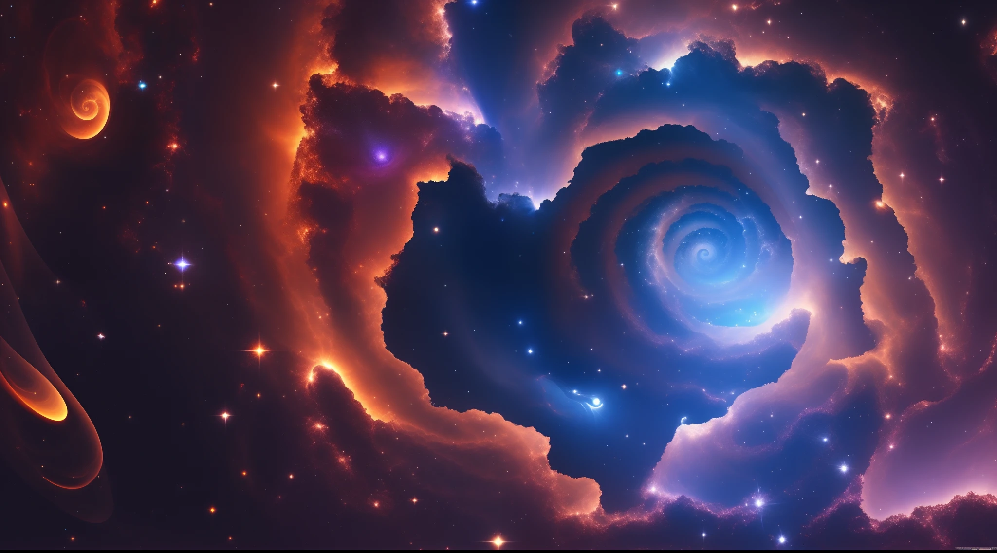 Arafard image of a blue and orange spiral with bright light, Starcloud. voluminetric lighting, mythical gigantic space cavern, subterranean galaxy, Abstract black holes in space, portal to outer space, subterranean sprawling galaxy, cosmic void background, outer space nebula background, space fractal gradient, Inside a black hole,k hd,A detailed,Pubic area is clear,outerspace,kosmos,Metaverse,sci-fy,