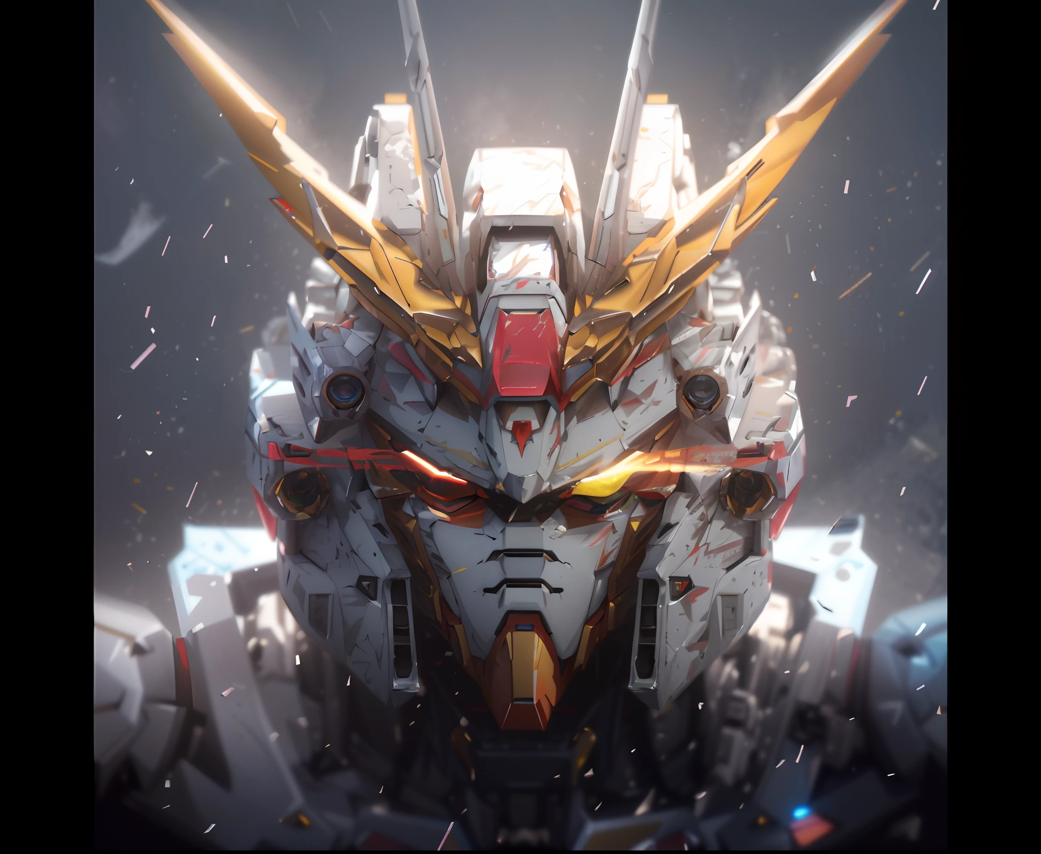Close-up of robot with futuristic expression on his face,gundam head,Alexander Ferra White Mech,Barbatos Gundam,Mecha Inspiration,ArtStation masterpiece,Highly detailed digital art in 4K,Mechanical mech,gundam style,cool mecha style,Mecha portrait, HD,Render with redshift