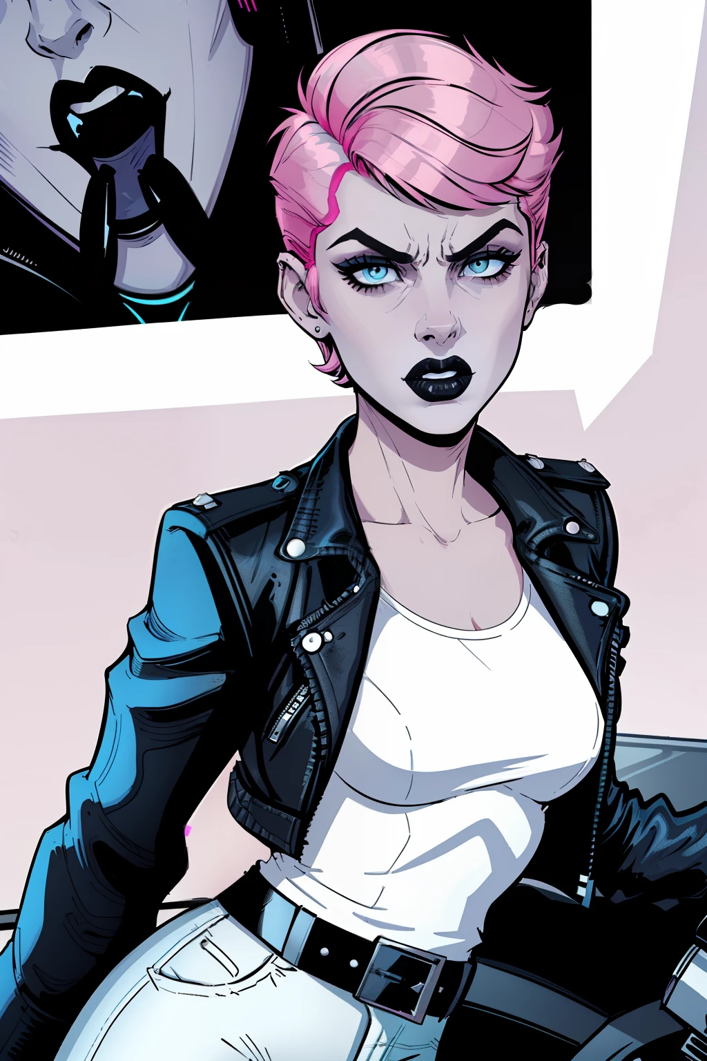 closeup face of a woman, day time, street, pale blue eyes, detailed short pink hair Short Side Comb haircut, angry expression, black lipstick, small tits, wearing a leather jacket, white shirt, leather pants, comic book style, flat shaded, prominent comic book outline linework