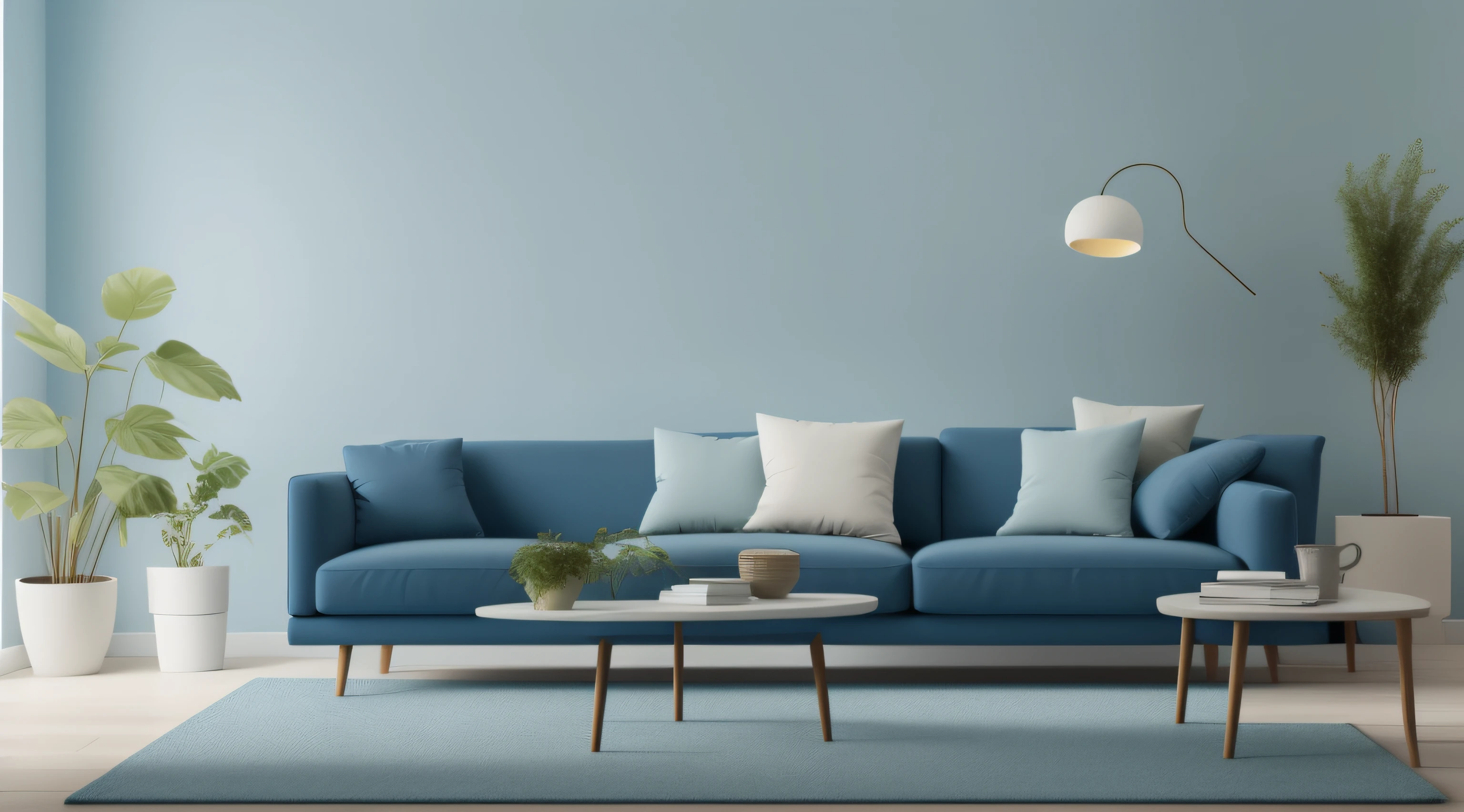 a blue couch in a room with a plant and a lamp, soothing colors, soft blue living room, blue walls, sky blue and white color scheme, blue colour scheme, brightly lit blue room, relaxed. blue background, living room background, muted colors with minimalism, solid background color, monochromatic color scheme, blue and green color scheme, green and blue color scheme