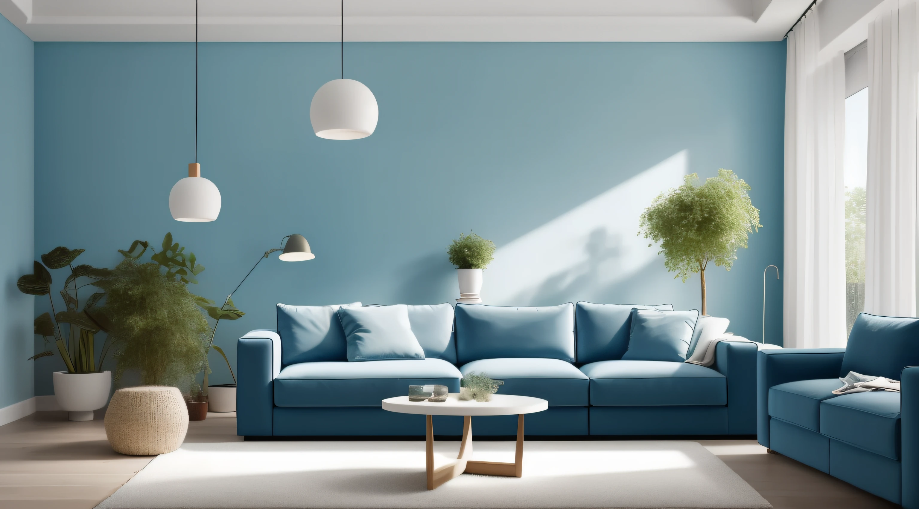 a blue couch in a room with a plant and a lamp, soothing colors, soft blue living room, blue walls, sky blue and white color scheme, blue colour scheme, brightly lit blue room, relaxed. blue background, living room background, muted colors with minimalism, solid background color, monochromatic color scheme, blue and green color scheme, green and blue color scheme