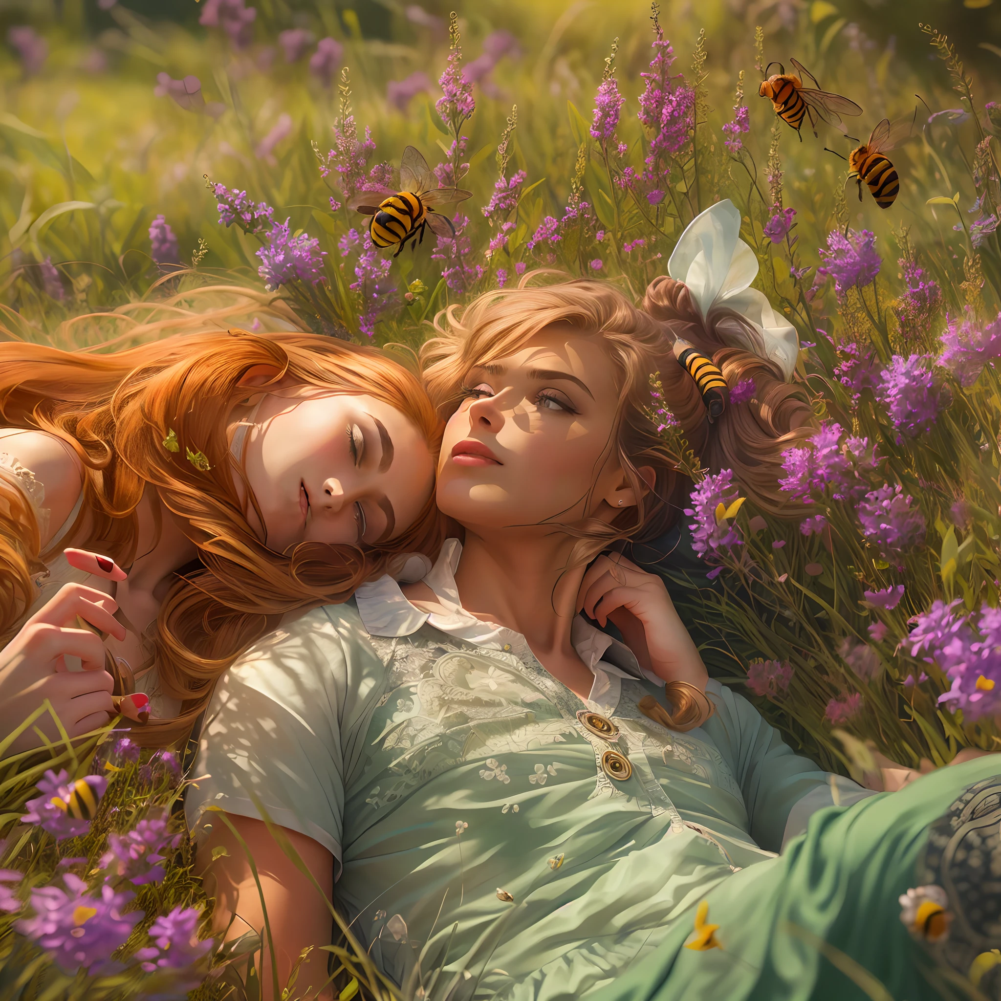 high details, best quality, 8k, [ultra detailed], masterpiece, best quality, (extremely detailed), dynamic angle, ultra wide shot, photorealistic, 2 persons  resting in a grassy meadow (intricate details, Masterpiece, best quality: 1.3), in summer, 1 man (intricate details, Masterpiece, best quality: 1.3) and 1 woman (intricate details, Masterpiece, best quality: 1.3), lying in the pasture the man, a beautiful man (intricate details, Masterpiece, best quality: 1.6), blond hair, bright eyes wearing white shirt,  black pants, the woman exquisite beauty, red hair, braided hair, wearing purple dress (intricate details, Masterpiece, best quality: 1.3), a lady bug in the grass (intricate details, Masterpiece, best quality: 1.3), a bee flying near a flower, a sparrow flying in the sky (intricate details, Masterpiece, best quality: 1.3), sun light, bright light,
