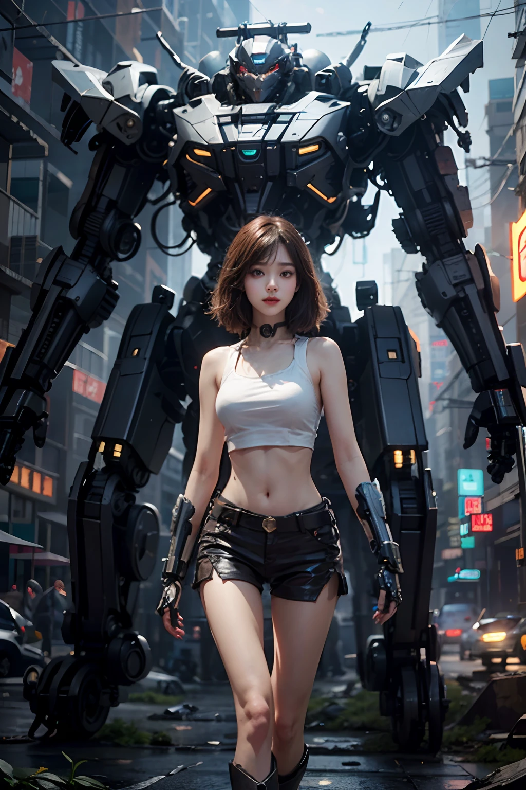 ((Best quality)), ((masterpiece)), (detailed:1.4), 3D, an image of a beautiful cyberpunk female,HDR (High Dynamic Range),Ray Tracing,NVIDIA RTX,Super-Resolution,Unreal 5,Subsurface scattering,PBR Texturing,Post-processing,Anisotropic Filtering,Depth-of-field,Maximum clarity and sharpness,Multi-layered textures,Albedo and Specular maps,Surface shading,Accurate simulation of light-material interaction,Perfect proportions,Octane Render,Two-tone lighting,Wide aperture,Low ISO,White balance,Rule of thirds,8K RAW, miling minchen, aburdes, (mouth:1.16) closed, balanced eyes, (Best quality details:1.2),realistic,8K High definition,Ultra Detailed,High quality texture,intricate details,detailed texture, finely detailed, high detail, extremely detailed high quality texture cg, high quality shadows, ((masterpiece, best quality)), illustrations, ultra-detailed 8K, realistic, clear focus, highly detailed, professional lighting, colorful details, iridescent colors BREAK factory super long lens, large mechanical robot structure, microchips, computers, luminescence, intricate details, Shitu-Mecha, 1girl standing in front of the audience, navel