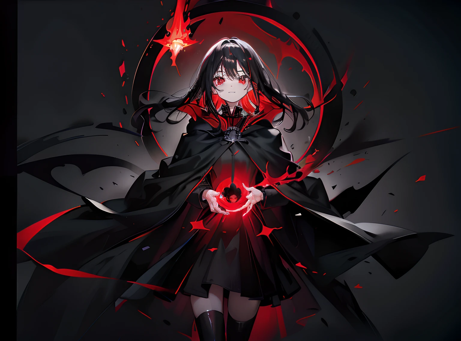 a black cloak,red color eyes,Bright red flame,A small magic array of levitation,Darker background,proud smiles,Black medium long hair black cape,red color eyes,Bright red flame,A small magic array levitated around it,Darker background,proud smiles,Black medium length hair,The eyes glow a faint red,Small bright red fireballs are randomly distributed around them,The background emits a faint red light,proud smiles,red color eyes,Surrounded by bright red flames,It is surrounded by a large number of bright red flames,There is a glowing body in the background,Glows red