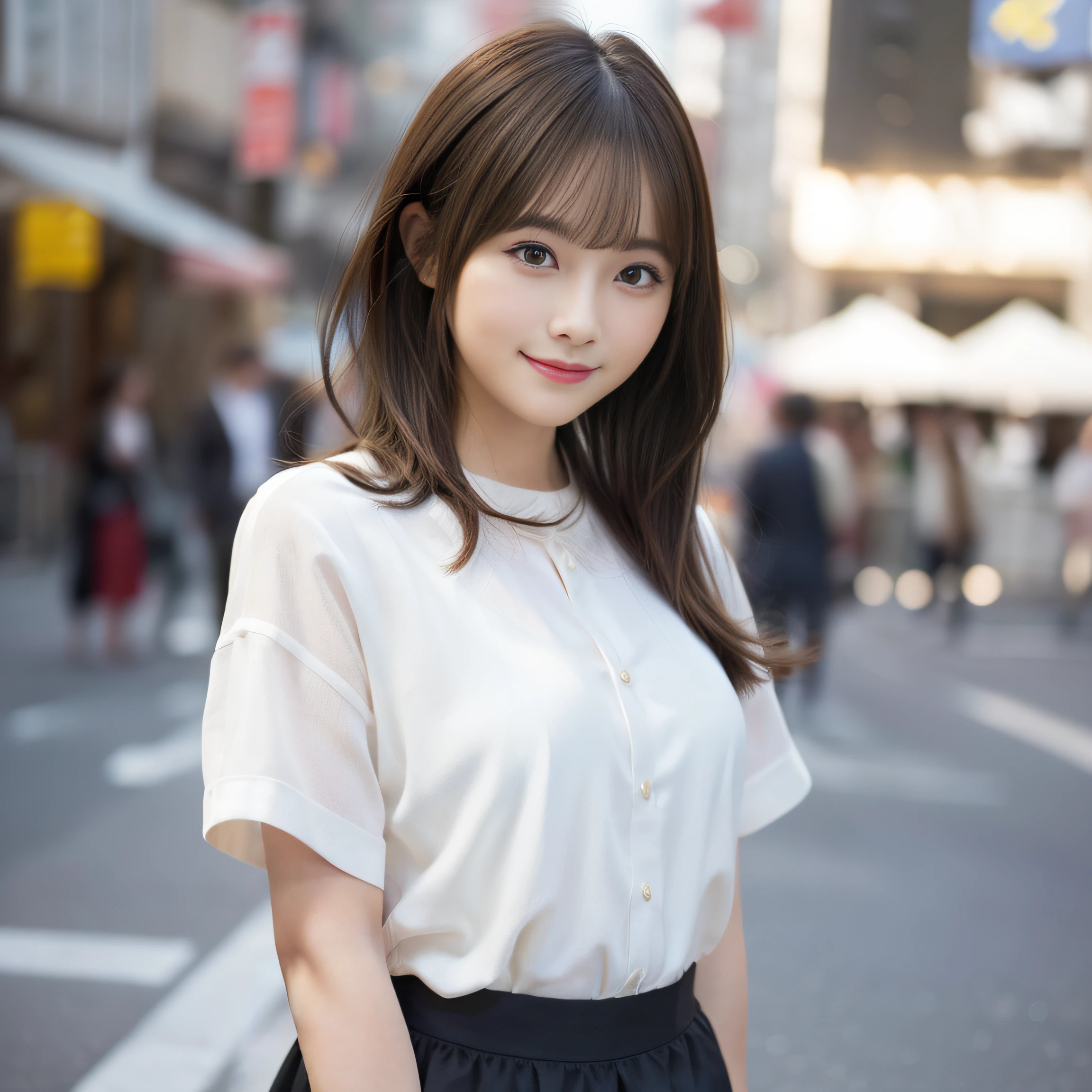 8K、Best Quality, 超A high resolution:1.2, (Photorealistic:1.4)、masterpiece:1.3、Raw photo、 (FULL BODYSHOT:1.7、side from:0.7)、middlebreast、realistic eyes and face details:1.3、dual、(the perfect body : 1.1)、(short wavy hair : 1.2)、crowdedstreets、Fashionable clothes、Cute clothes、Check skirt、thighs thighs thighs thighs、1日本人の女の子、 Cute、natural skin textures:1.2、 (Shy smile)、 Smooth skin:1.2, (Brown medium hair,Bangs)、nogizaka、Beautiful black eyes:1.3、Hands behind your hips、The camera is from a little lower、 (Background is blurry:1.4)、Gravure Pose,I don't show my fingers