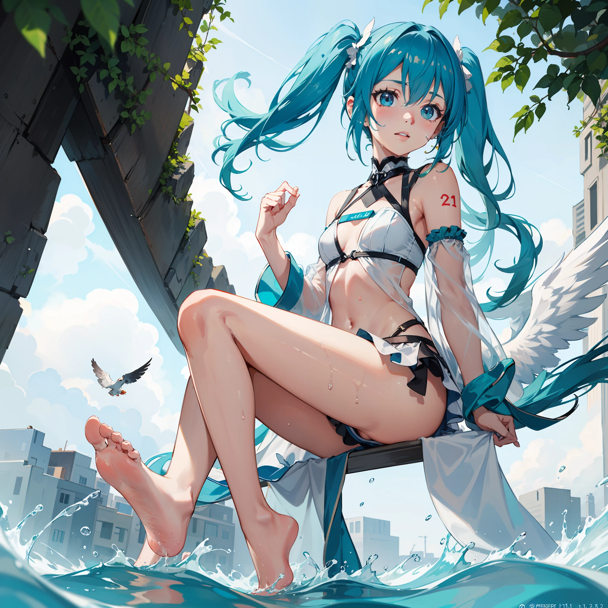 Angel with wings on his back:1.1,very cute female child:1.1,8 yo,1 bird,miku hatsune:1.5,Wet and see-through clothes:1.5,Playing by the river,Barefoot,Sweat, Summer,day,Flat-breasted,(4K), (Raw photo: 1.2), (Realism: 1.4), (masutepiece: 1.3), (exquisite detailing: 1.2), Delicate and beautiful details, (Eye Detail), (Facial Detailed), (Highest Quality) :1.4), (Hyper-Resolution: 1.2), (very detailed illustration), Best Quality,depth of fields, Wide light, natural shadows