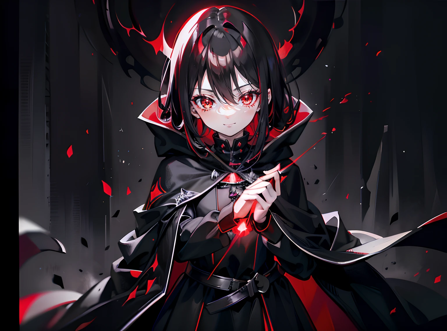 a black cloak,red color eyes,Bright red flame,A small magic array levitating around it,Darker background,proud smiles,Black medium length hair,The eyes glow a faint red,Small bright red fireballs are randomly distributed around them,The background emits a faint red light,proud smiles,red color eyes,Surrounded by bright red flames,It is surrounded by a large number of bright red flames,There is a glowing body in the background that glows red
