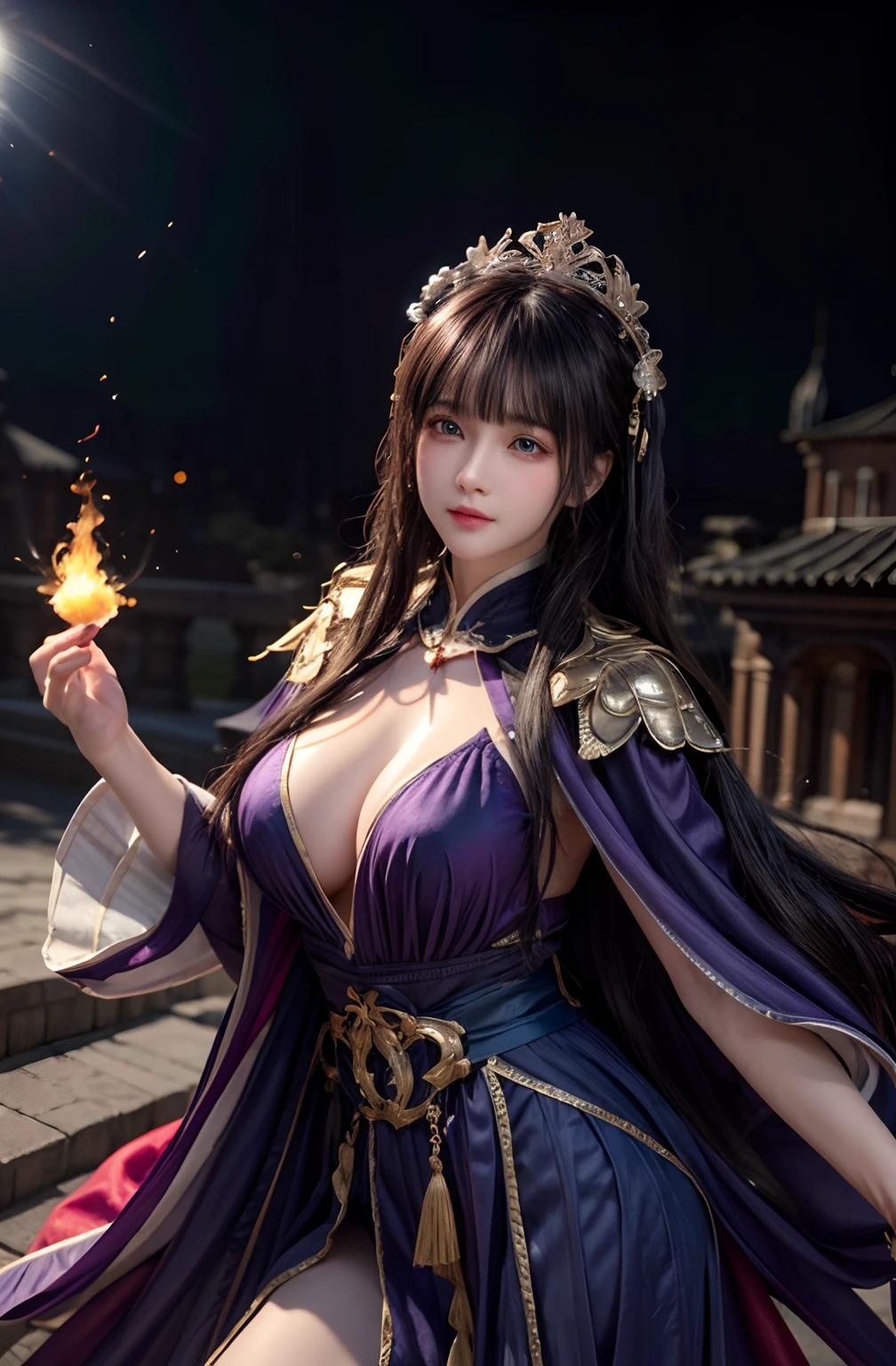 offcial art, Unity 8k wallpaper, Hyper-detailing, tmasterpiece, best qualtiy, A woman who is, (The is very detailed), (RAW photos, best qualtiy), (realisticlying, realisticlying:1.3), k hd, Open Your Mouth Lightly, Ultra detailed complex 3D rendering of the face, (huge tit:8.8), (highly detailedskin:1.2), (Expose pervert:1.1), White skin of the, brunette color hair, eBlue eyes, long whitr hair, ( (Clear silk pink string microbikini)), dynamic angle, Mysterious expressions,fire glow effect, Fantasy background, edge lit, Sideslit, cinematric light, hyper HD, 8K, filmgrain, Best shadow, Light particles, detailed skin textures,详细的脸, Complicated details, super detailing, brightly,(beautiful huge crown with detail)),shinning eyes,Long purple cloak,fanciful,(Realistis),