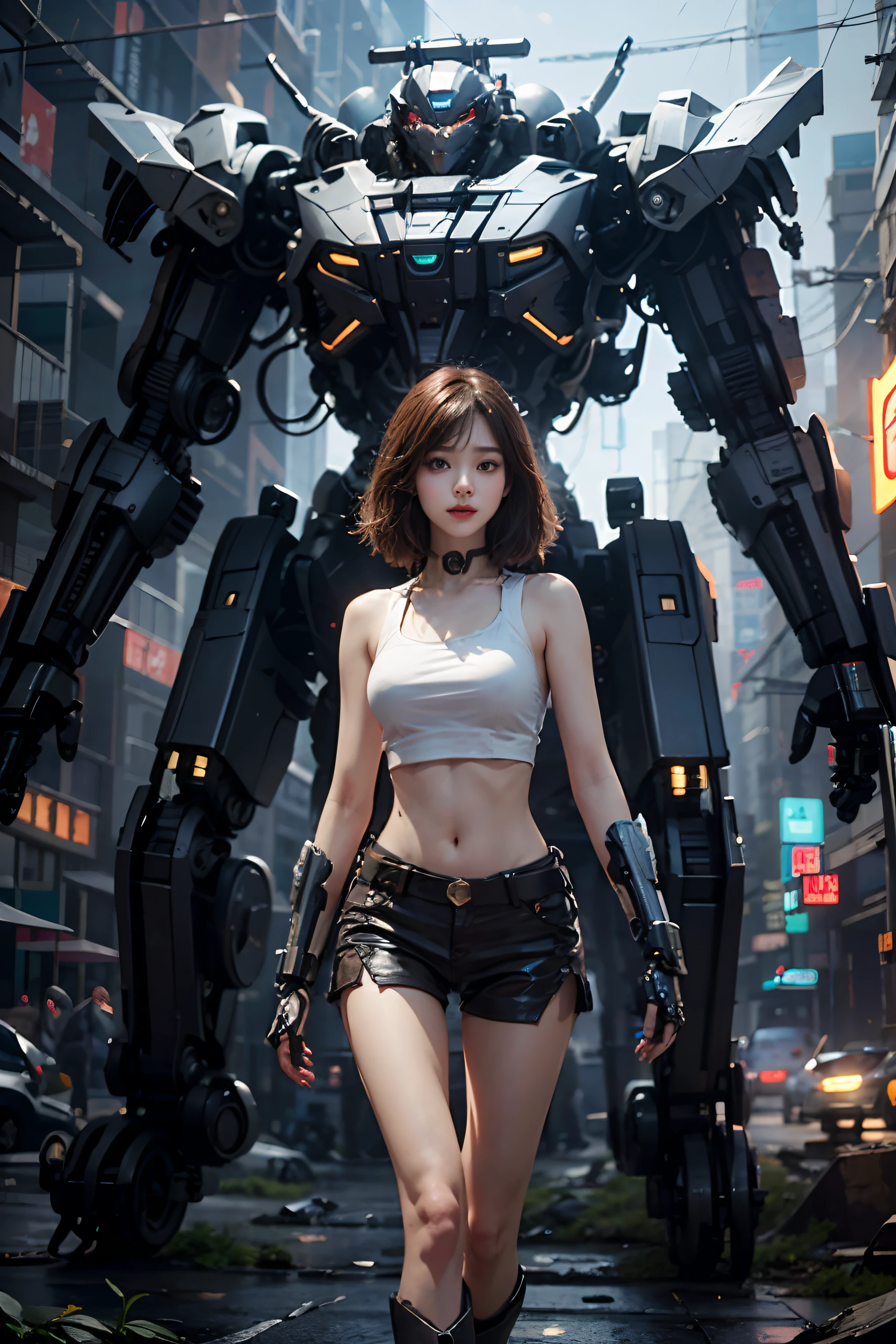((Best quality)), ((masterpiece)), (detailed:1.4), 3D, an image of a beautiful cyberpunk female,HDR (High Dynamic Range),Ray Tracing,NVIDIA RTX,Super-Resolution,Unreal 5,Subsurface scattering,PBR Texturing,Post-processing,Anisotropic Filtering,Depth-of-field,Maximum clarity and sharpness,Multi-layered textures,Albedo and Specular maps,Surface shading,Accurate simulation of light-material interaction,Perfect proportions,Octane Render,Two-tone lighting,Wide aperture,Low ISO,White balance,Rule of thirds,8K RAW, miling minchen, aburdes, (mouth:1.16) closed, balanced eyes, (Best quality details:1.2),realistic,8K High definition,Ultra Detailed,High quality texture,intricate details,detailed texture, finely detailed, high detail, extremely detailed high quality texture cg, high quality shadows, ((masterpiece, best quality)), illustrations, ultra-detailed 8K, realistic, clear focus, highly detailed, professional lighting, colorful details, iridescent colors BREAK factory super long lens, large mechanical robot structure, microchips, computers, luminescence, intricate details, Shitu-Mecha, 1girl standing in front of the audience, navel