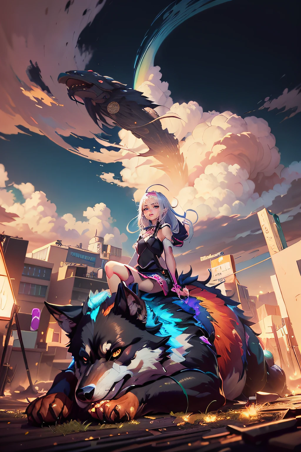 Anime girl sitting on city wolf on rainbow cloud background, anime style 4 k, 4k anime wallpaper, anime epic artwork, anime clouds, anime wallpaper 4 k, anime wallpaper 4k, Anime Sky, anime art wallpaper 4k, anime art wallpaper 4k, hd anime wallaper, guweiz on pixiv artstation