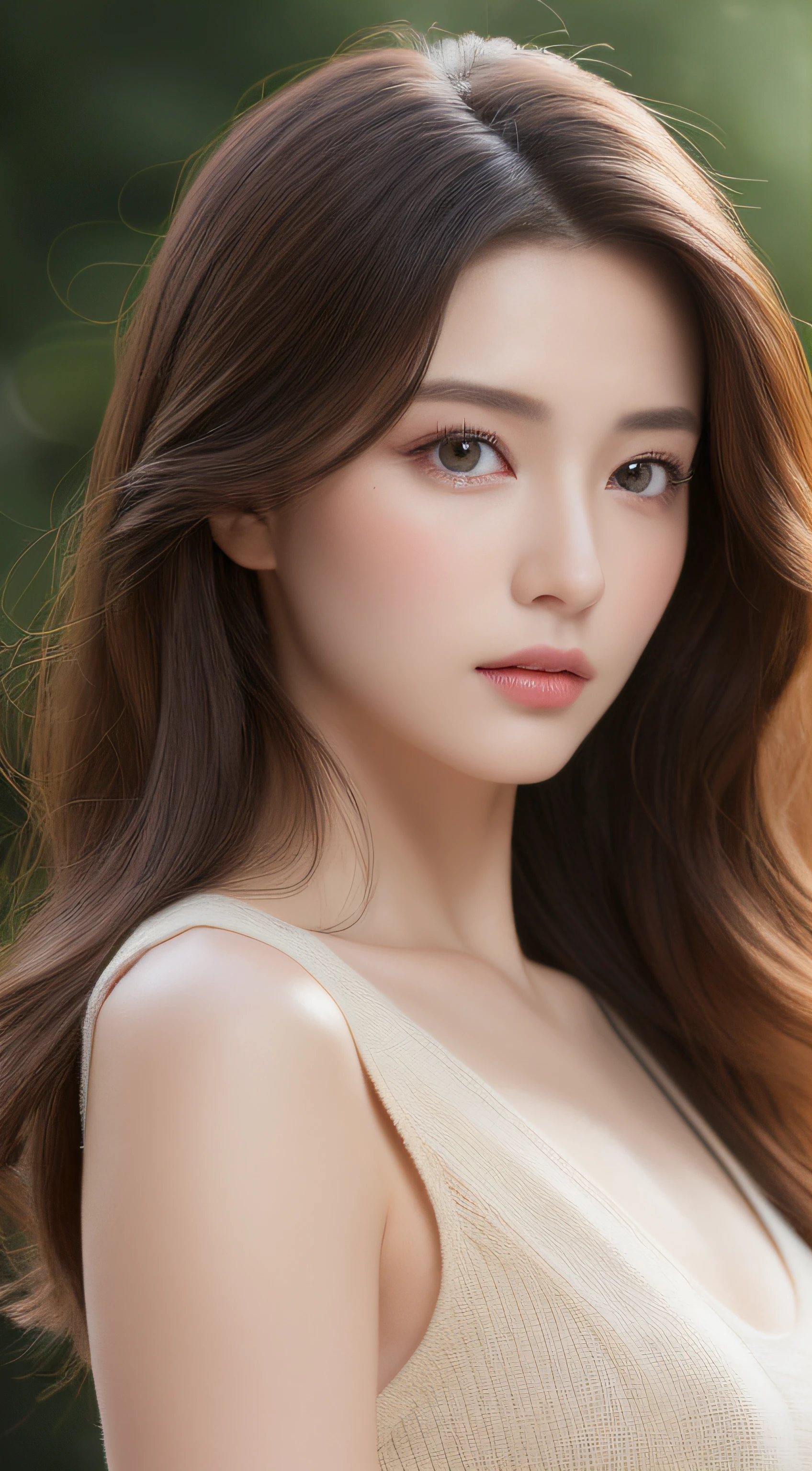 ((Best quality, 8k, Masterpiece :1.3)), Sharp focus :1.2, A pretty woman with perfect barbie nose :1.4, right side :1.2, ((Dark brown hair :1.2)), (Natural light, photo studio:1.1), Highly detailed face and skin texture, Detailed eyes, Double eyelid