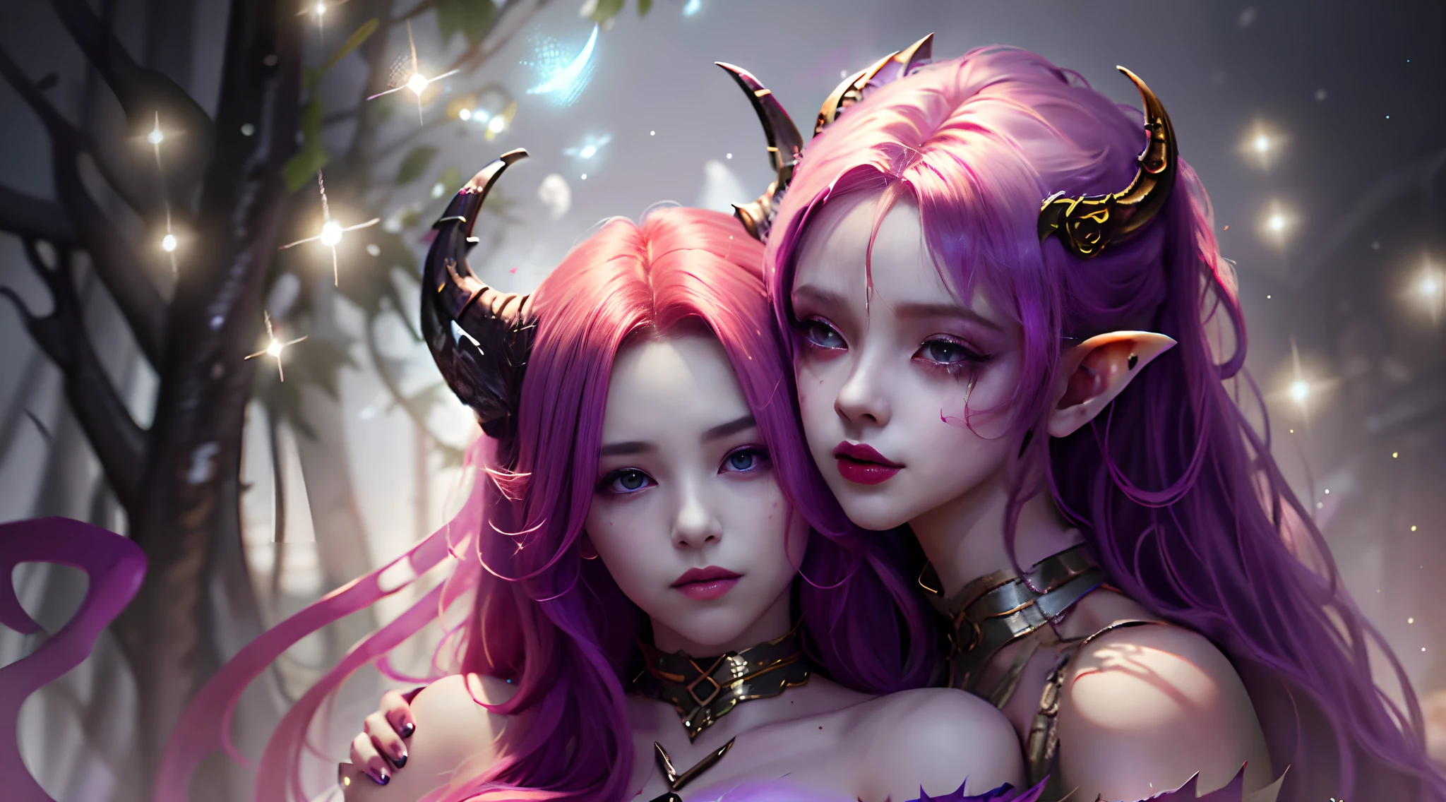 There are two purple hairs and the whole body of a girl with horns on her head, WLOP and Sakimichan, Fantasy art style, Guviz-style artwork, digital fantasy art ), Epic fantasy art style, beautiful gemini good and evil, Epic fantasy art style HD, trending on cgstation, 2. 5 D CGI anime fantasy artwork, Fantasy art Behance