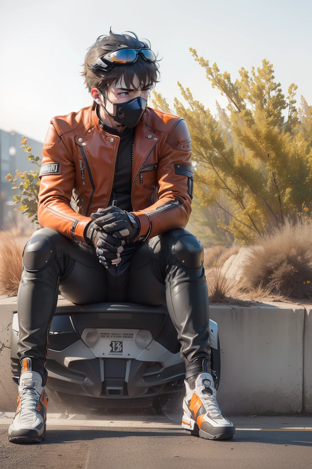 Masterpiece, best quality, tartaglia (genshin impact), gloves, mask, 1boy, blue eyes, black gloves, solo, orange hair, bangs, hair between the eyes, gray jacket, (((sitting on a motorcycle)))), (motorcycle), (competitive motorcycle), (full body))