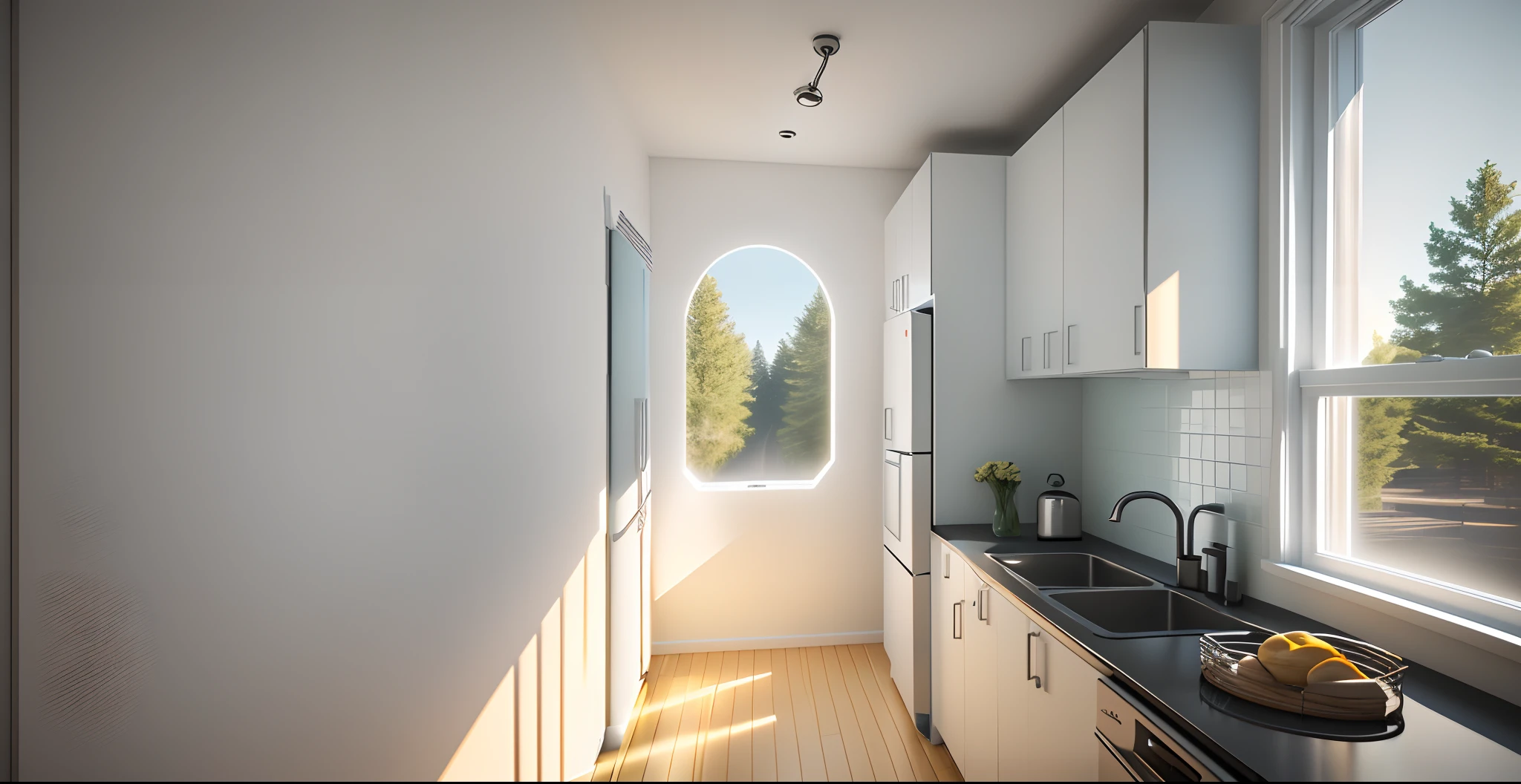 There is a rendering of the kitchen with sink and windows,There was a fridge in the distance,Poster texture, Simple,3d final render,(masterpiece),(high quality), best quality, real,(realistic), super detailed, (full detail),(4k),8k,