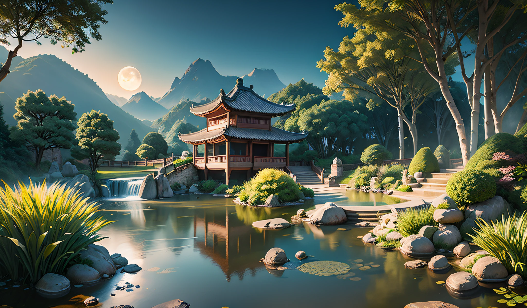 9:16 Full picture, ancient Chinese architecture, hazy moon, night, garden, bamboo, lake, stone bridge, rockery, arch, corner, rockery, tree, running water, landscape, outdoor, waterfall, grass, rock, water lily, hot spring , Water Vapor, (Illustration: 1.0), Epic Composition, Detail Enhancement, Detail Enhancement. Realistic lighting, HD details, masterpiece, best quality, (very detailed CG unity 8k wallpaper), (best quality)