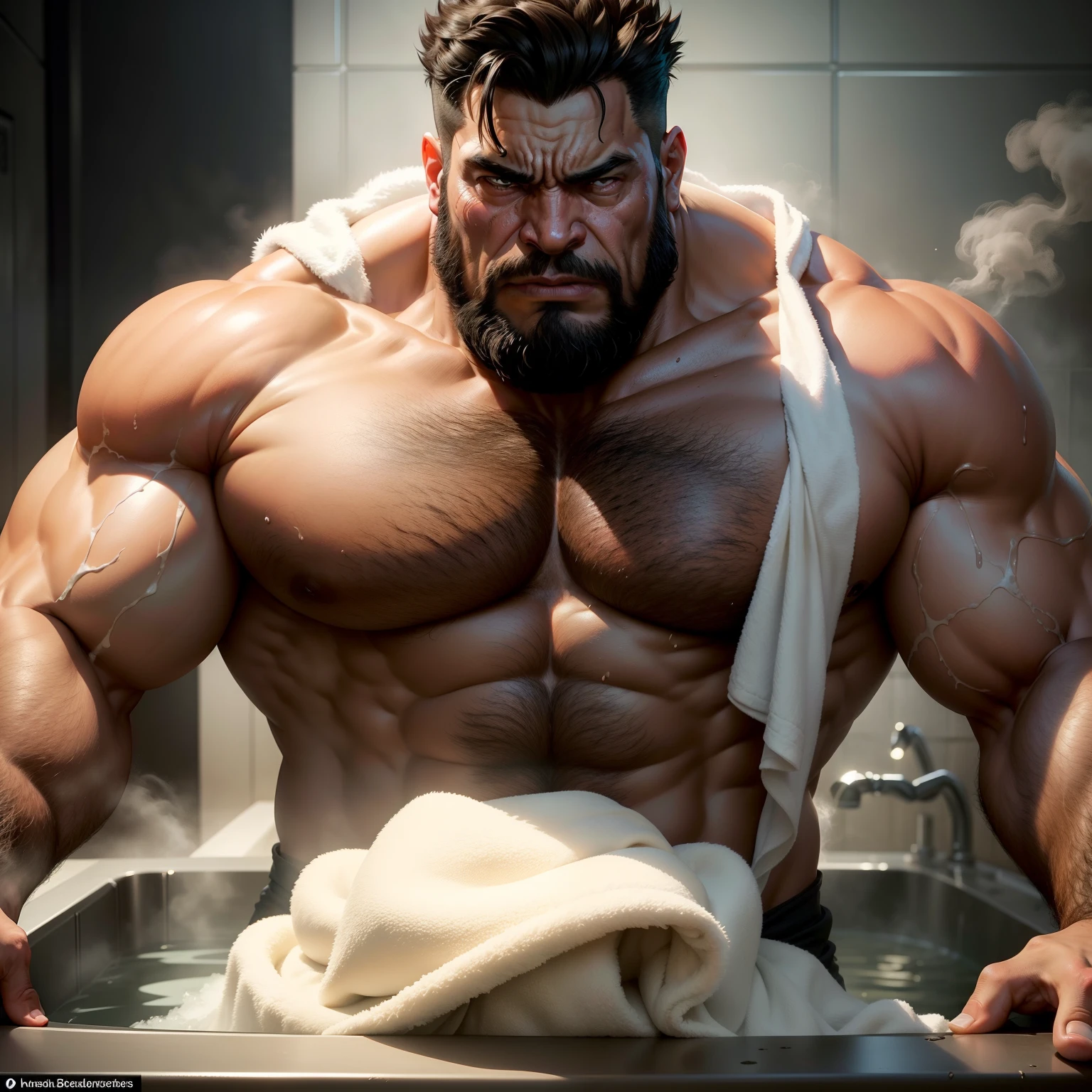 Uncle Banner the Hulk in the Avengers,Male uncle,A little bearded,Strong body,big breasts slightly fat,Short black hair,Bare upper body,The lower body is wrapped around a white bath towel,There is chest hair,Sit in the steam room,Spread your legs,Sweaty face,Covered in sweat,The expression is shy
