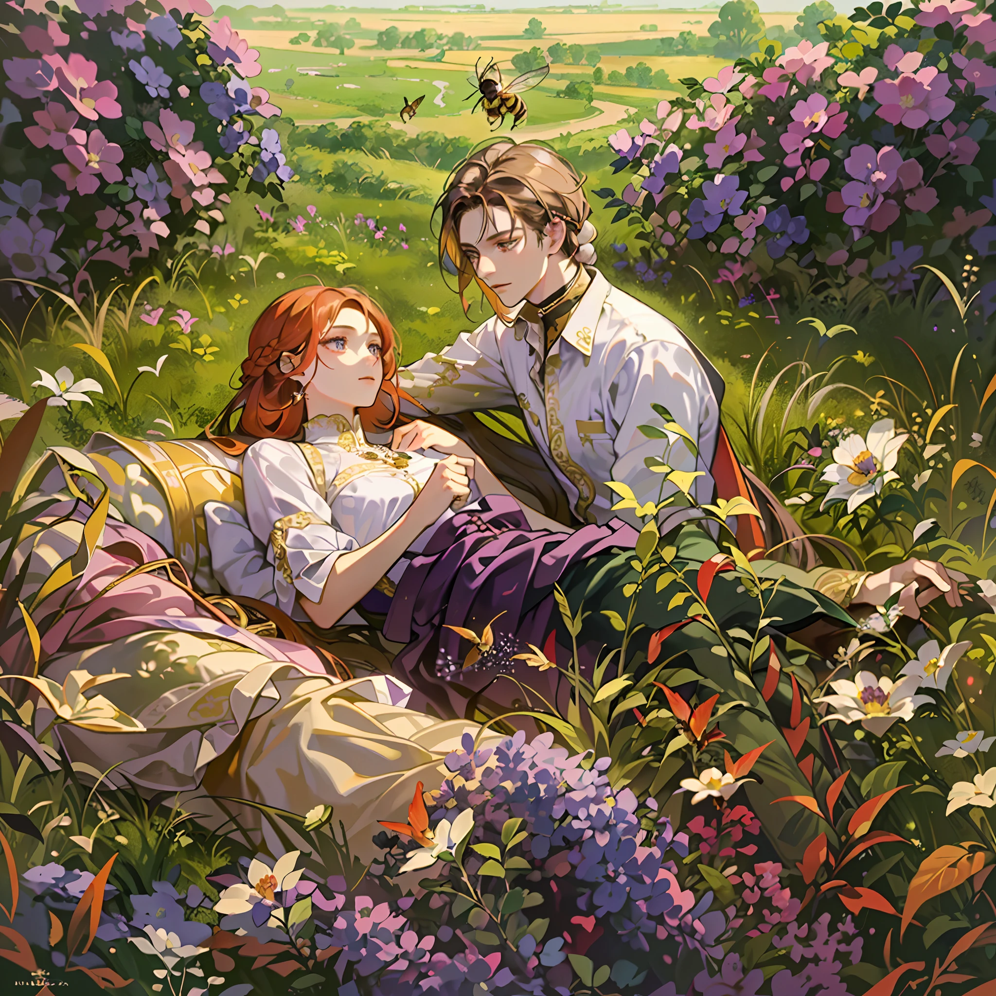 high details, best quality, 8k, [ultra detailed], masterpiece, best quality, (extremely detailed), dynamic angle, ultra wide shot, photorealistic, 2 persons  resting in a grassy meadow (intricate details, Masterpiece, best quality: 1.3), in summer, 1 man (intricate details, Masterpiece, best quality: 1.3) and 1 woman (intricate details, Masterpiece, best quality: 1.3), lying in the pasture the man, a beautiful man (intricate details, Masterpiece, best quality: 1.6), blond hair, bright eyes wearing white shirt,  black pants, the woman exquisite beauty, red hair, braided hair, wearing purple dress (intricate details, Masterpiece, best quality: 1.3), a lady bug in the grass (intricate details, Masterpiece, best quality: 1.3), a bee flying near a flower, a sparrow flying in the sky (intricate details, Masterpiece, best quality: 1.3), sun light, bright light,