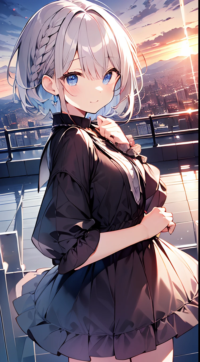 masutepiece, Best Quality,Illustration, Wallpaper, Ultra Detail, absurderes, 1****、 Solo, (Medium short hair、short braided hair), Beautiful ultra-detailed eyes , Hair fluttering in the wind、XD、 Light hair color、Beautiful sky、(a panoramic view:1.5)