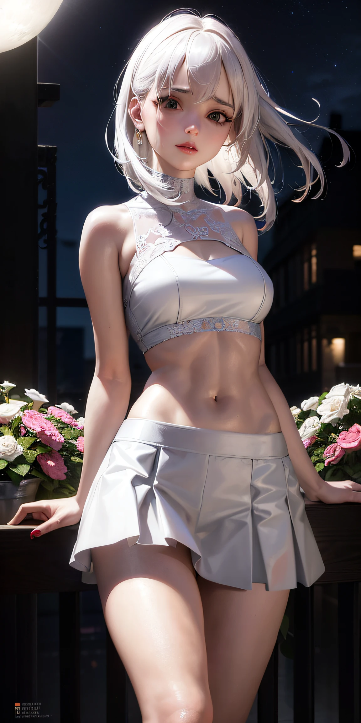 Anime - style image of a woman in a white top and skirt, 🌺 CGSociety, photorealistic anime girl render, [ 4 k Fotorealismus ]!!, Hochdetaillierte, weiche Beleuchtung, 2b, 2 b, [ 4 k Fotorealismus ]!!!, tifa lockhart with white hair, beautiful waist, realistically shaded perfect body, Aufwendiges Outfit