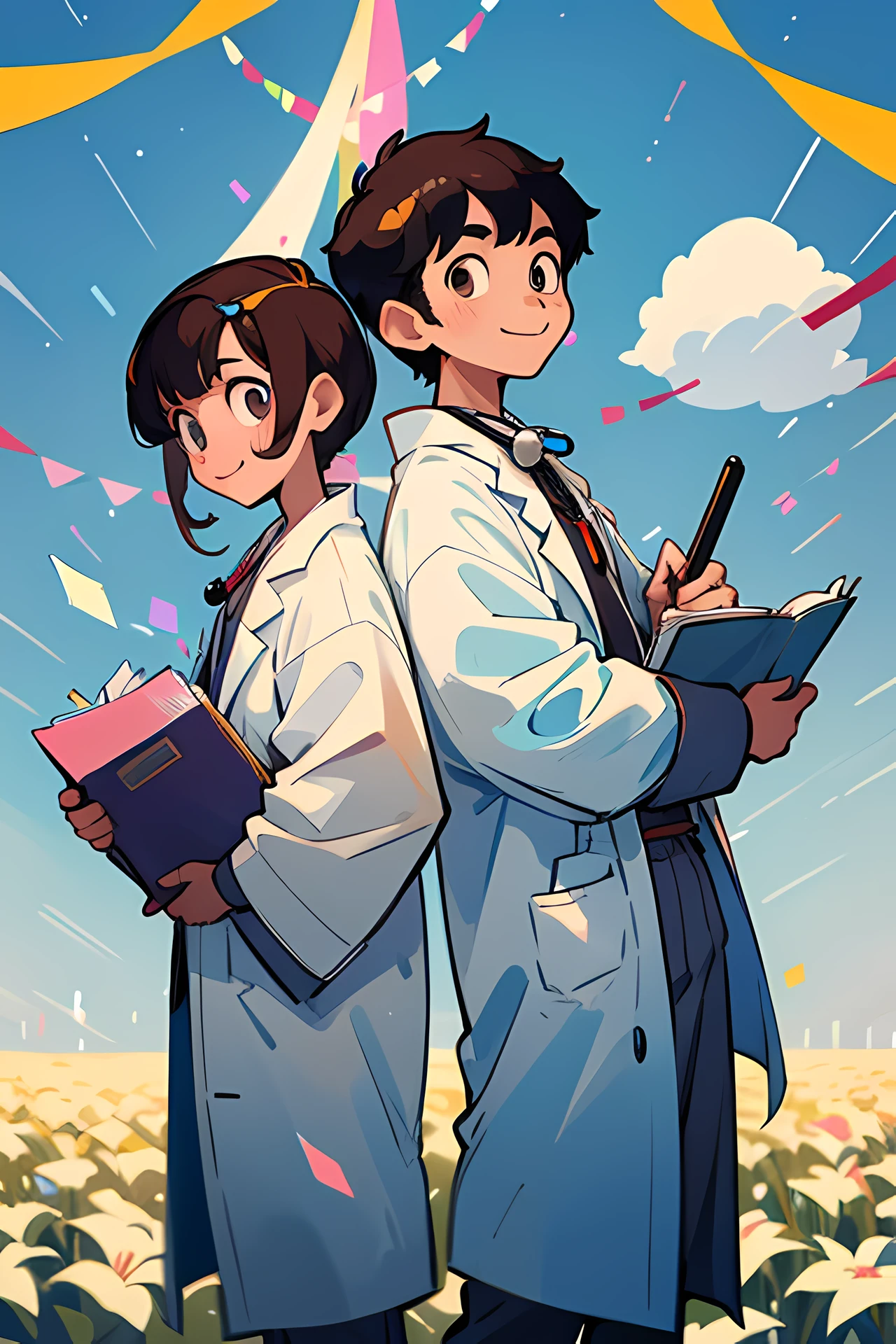 Two Asian 1  boys in white coats，brunette color hair，back-to-back，sideways standing，Face to the right，Hold a stethoscope and notebook，Posture dynamic，Small portrait，super wide shot，low perspective，looking to the camera，Outdoor scene，with blue sky and white clouds，Flowers bloom as a background，((festivity，cheerfulness，streamers))