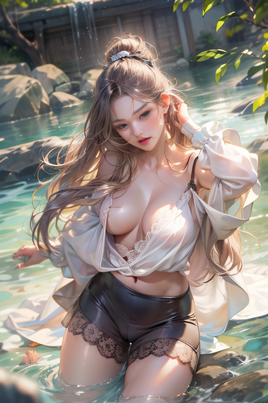 1girl in, depth of fields, One-person viewpoint, 135 mm, canon, F/1.8, nffsw, retinas, masutepiece, ccurate, Anatomically correct, Textured skin, high details, Super Detail, High quality, Best Quality, hight resolution, hard disk, 4K, 8K Aizuo、magnifica、the viewer、Realistis、Full body with camera、on the lap、squatt、Brunette hair、length hair、radical、A tall、?????? real water、White Less Cloth Transparent Mini Shirt、White transparent thong、sea side、Low Very detailed、Ahegao、Roll your eyes、blush、water running in mouth、Sticky tongue、Vaginal orchids、Runny Vaginal Discharge、Blowing tide、very Bigger breasts、Grasp your breasts with both hands、 Spread your legs、sexual excitement、??? Expressions、shinny skin。realisitic、Photorealsitic:1.37)、Photo of Japan girl in black((loose)Camisole)、 natural(midium breasts:1.35)、(micro:1.4)Lace pantie、looking at away、(Kpop Idol)、lying on one's side、dishevled hair、Medium Hair、(Pink blush)、(illuminating)、[[Open legs、Spread your legs apart]]、(独奏)、dynamicposes、((erectile nipple))、(female pubic-hair)、(Puffy eyes:1.3)、 (Slim legs)、erotick、nffsw、Highly detailed ambient occlusion、Natural and harmonious composition、fine-art photography、