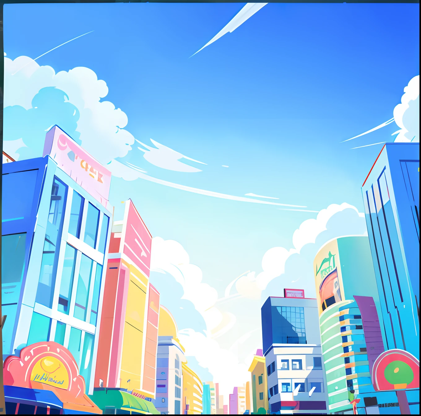 There is a cartoon picture,Clouds in the sky, Office building background, Background building, arte de fundo, random background scene, urban backdrop, urban backdrop, anime style cityscape, Sunny day background, town center background, mall background, town background, Mobile game background, Commercial illustration, Official artwork, city in backround, day cityscape, detailed school background