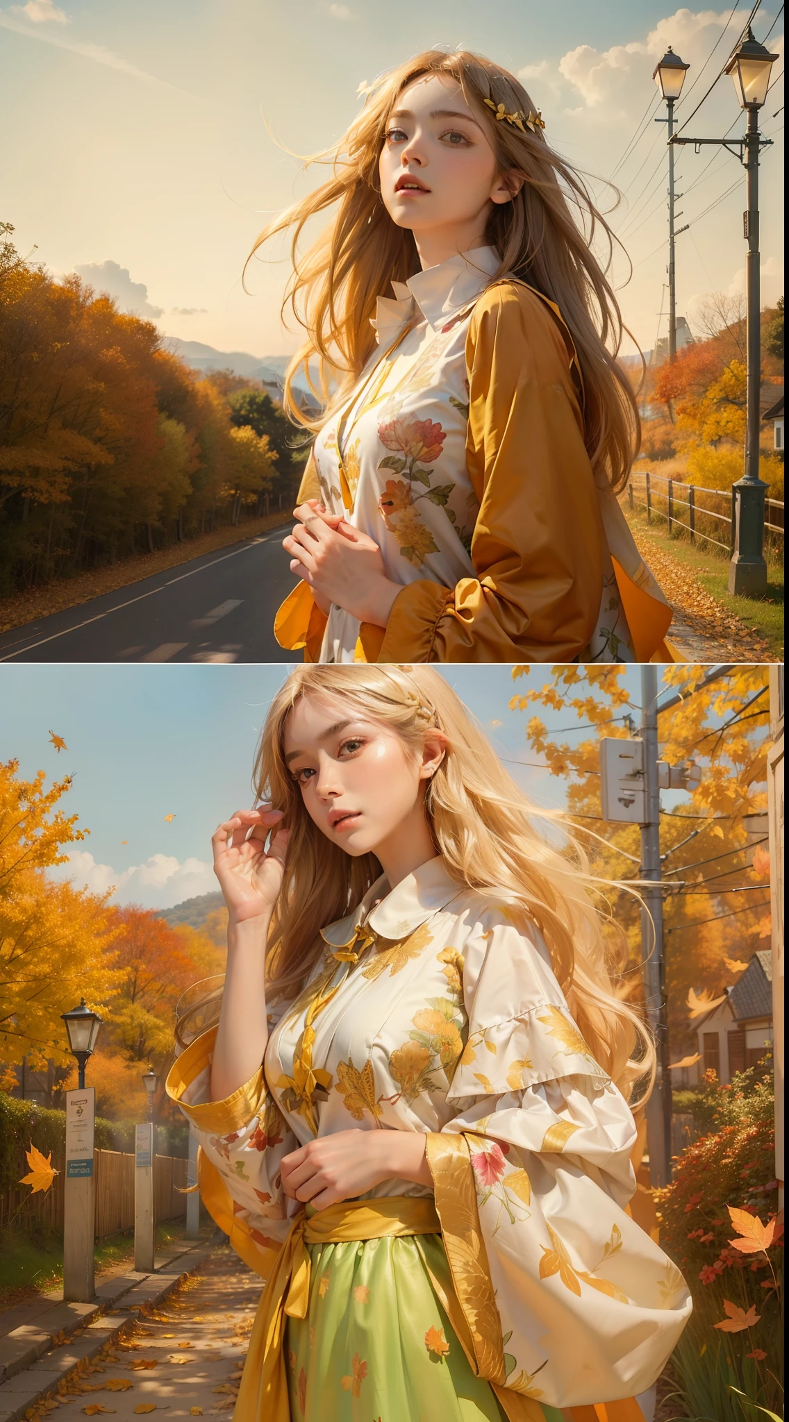 Picture quality:Highly detailed masterpiece 8K high resolution content:On the fields in autumn,On a wilderness path,You can see the sea in the distance,The street lights are slightly lit,Autumn leaves float in the air,There are shimmering particles fluttering,Warm light background:1girll,Surrealist portraits of women by David Hockney and Alphonse Mucha,hair glowing,glomy,whaite hair,long whitr hair,in blouse wearing,Lazy action atmosphere:warm and comfortable,With a little cool autumn light:warm color:High saturation,Bright composition。:Top-down composition ,Medium Composition Style reference:photographrealistic