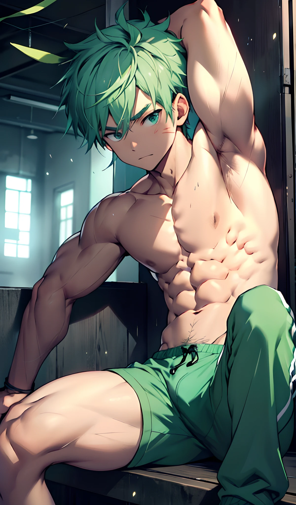 A small child,(younge boy,???'s face,The corners of the mouth are raised,elementary student,Square chin,Juvenile faces,a baby face,kiddy big breasts,infancy),nakeness,Round eyes,Raise your head,Chest,(Thick chest hair),(Thick abdominal hair),No beard,(Stout stuffy tail),rainbowing,Short round face,Flat chin,Fine face in detail,Teal briefs,Muscular and strong,Short light yellow-green hair,(Gradient hair color),nakeness,Teal briefs,Pectoralis abdominal muscles,Bare pectoralis abs,the night,vivd colour,(depth of fields:1.2),spread their legs,legs separated,Keep your legs straight,Close-up Shot Shot,rainbowing
