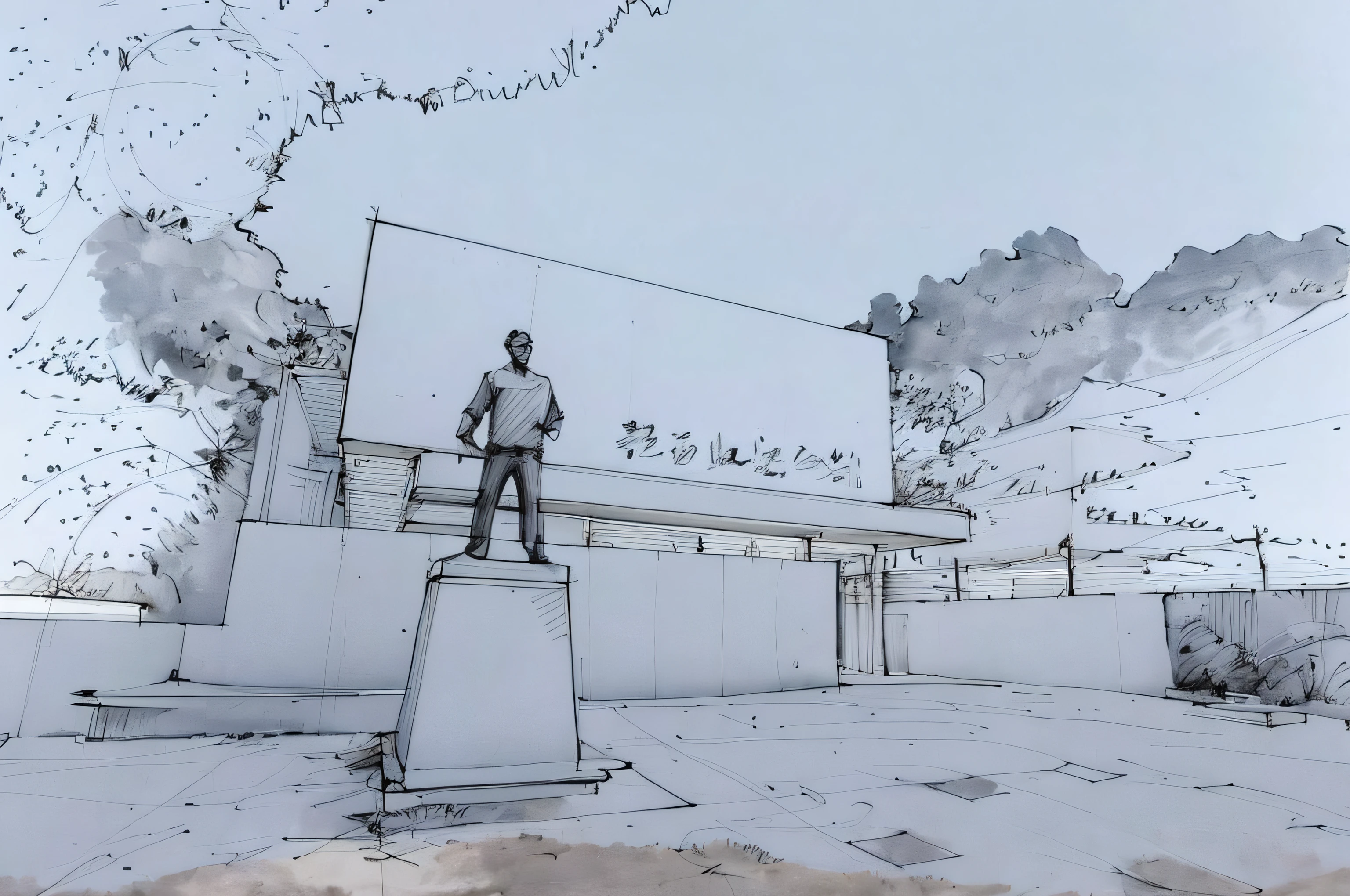 Sketch, Sketch,pen_Sketch_Style,Detailed details,white backgrounid,simplebackground,Architectural sketch style,In the open space in front of the building there is a standing statue of a man,Good sun exposure