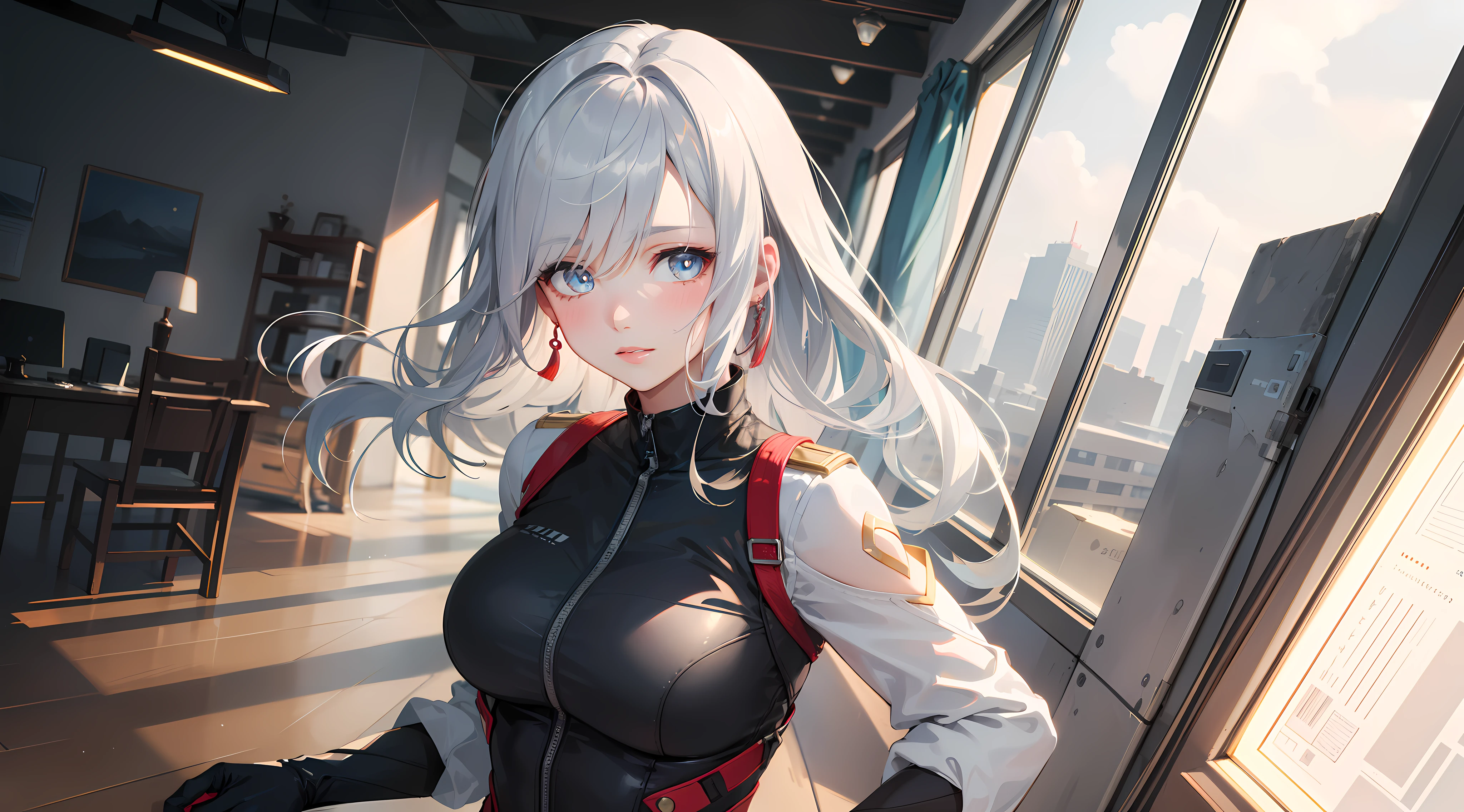 electrician girl, electrician suit, upper body, seductive look, blush, indoors, in office, looking at viewer, cloudy, moody lighting, (perfect detail eyes:1.2), glowing eyes, (long hair one braid:1.2), elemental skill effect, (Masterpiece, Best Quality, High Quality:1.4), professional artwork, Intricate Details, field of view, sharp focus, detailed painting, photorealistic lighting, trending on pixiv, (vivid lighting, vibrant colors:1.05), realistic shadows, ambient occlusion, (athletic body:1.3), mature woman, 30yo, shenhe, hyperdetail eyes, beautiful eyes, (((solo:1.4))), semi-realistic hair