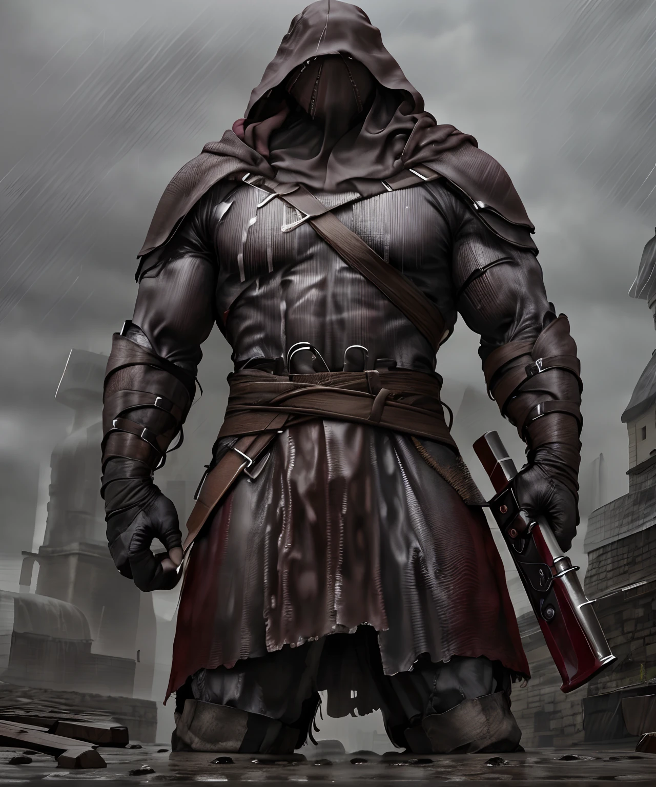 Male executioner , Il brandit une lourde hache sous la pluie,