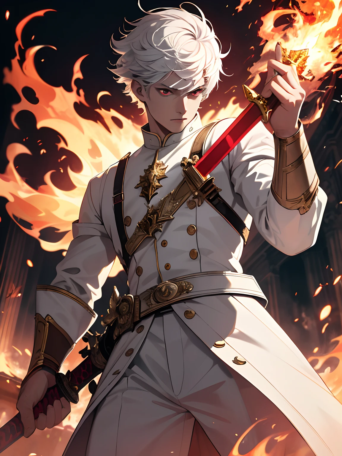 (absurdres, highres, ultra detailed), masterpiece, best quality, a man in white outfit, wielding sword, sword surrounded by fire, solo, handsome, finely eye, detailed face, short hair, white hair, vibrant red eye, ruined city, dark background, from below, look down, cowboy shot, swirl, vortex, spark