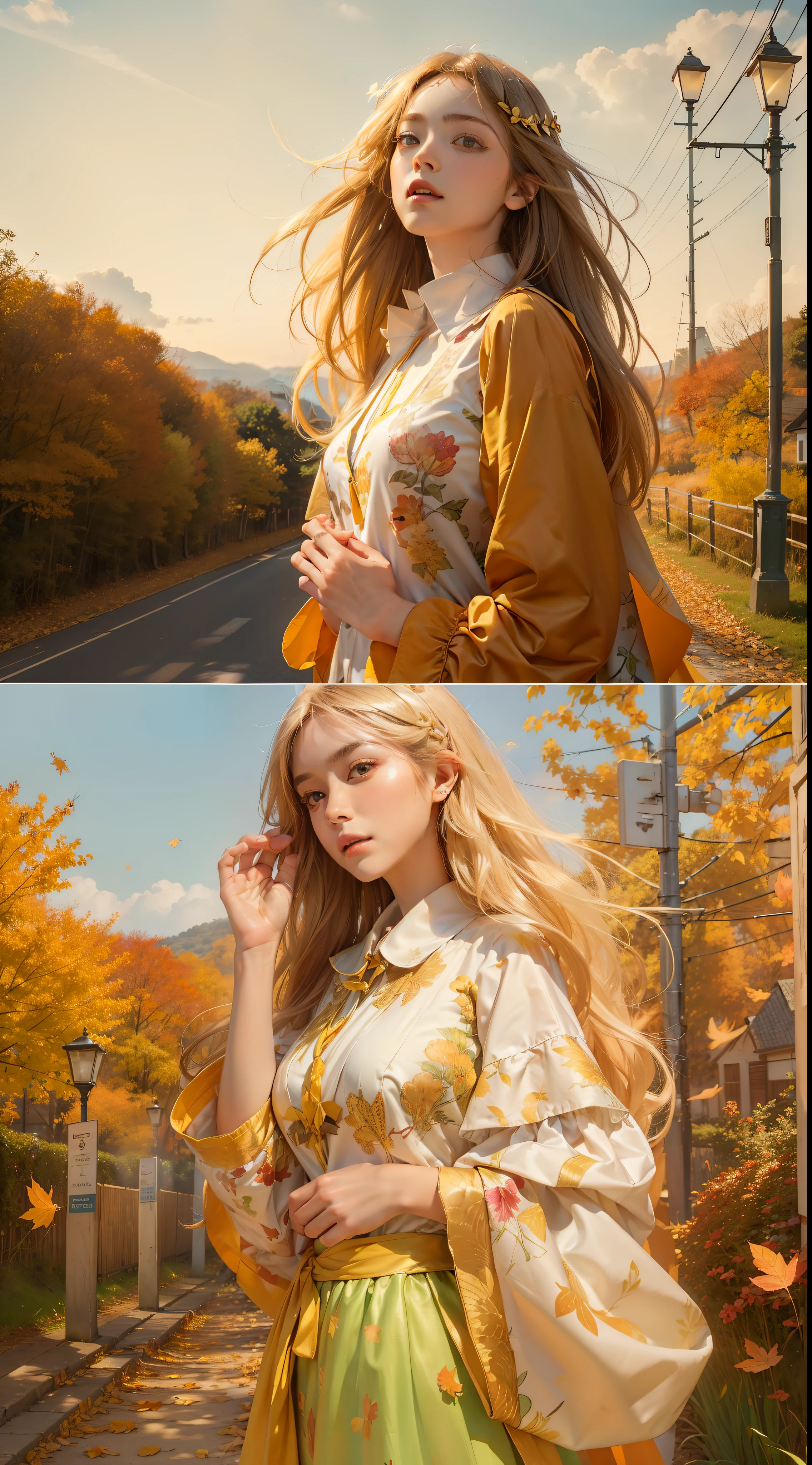Picture quality:Highly detailed masterpiece 8K high resolution content:On the fields in autumn,On a wilderness path,You can see the sea in the distance,The street lights are slightly lit,Autumn leaves float in the air,There are shimmering particles fluttering,Warm light background:1girll,Surrealist portraits of women by David Hockney and Alphonse Mucha,hair glowing,glomy,whaite hair,long whitr hair,in blouse wearing,Lazy action atmosphere:warm and comfortable,With a little cool autumn light:warm color:High saturation,Bright composition。:Top-down composition ,Medium Composition Style reference:photographrealistic