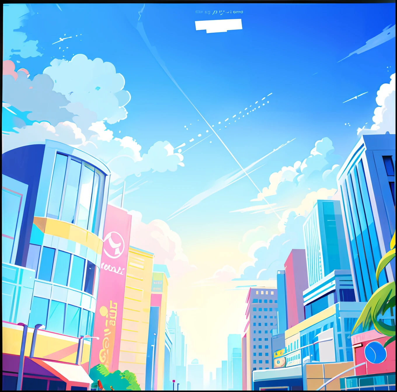 There is a cartoon picture，Clouds in the sky, Office building background, Background building, arte de fundo, random background scene, urban backdrop, urban backdrop, anime style cityscape, Sunny day background, town center background, mall background, town background, Mobile game background, Commercial illustration, Official artwork, city in backround, day cityscape, detailed school background